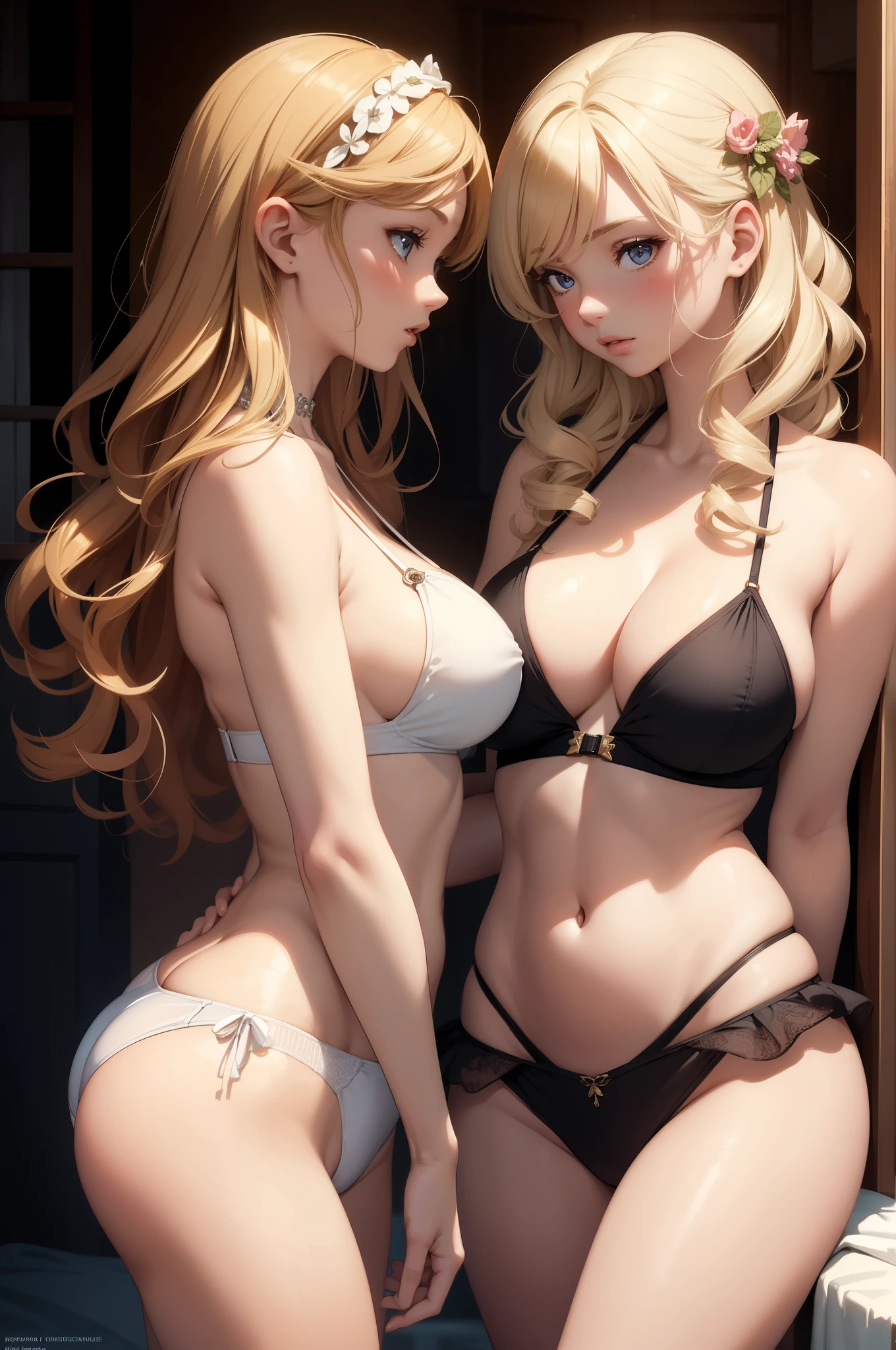 2girls, multiple girls, natural lighting, masterpiece, highly detailed, illustration, game CG, absurdres, high quality, glossy lips, looking at each other, curly blonde hair, lips parted, large breasts, medium breasts, mother and daughter, (aged girl), (MILF), bikini, bikini skirt, (age gap:1.5)