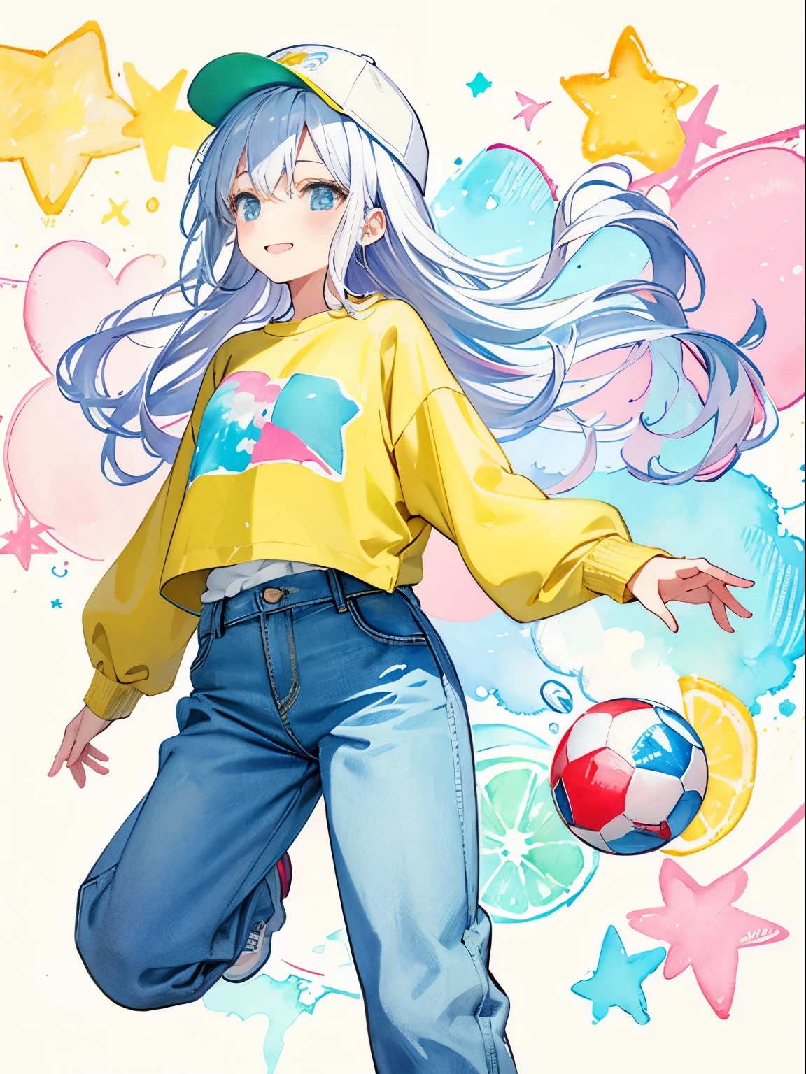 pastel color: 1.5), (Cute illustration: 1.5), (watercolor paiting: 1.2), girl, Full body, Smile, Looking away, pale white, Moya, marble, Colorful, jello,pop music、Very colorful、Colorful、Vivid Color、sports cap、chewing gum、dark yellow star、many stars are scattered、Upper body illustration、dark blue jumper、Denim jeans、Sports Women、bright and cheerful girl