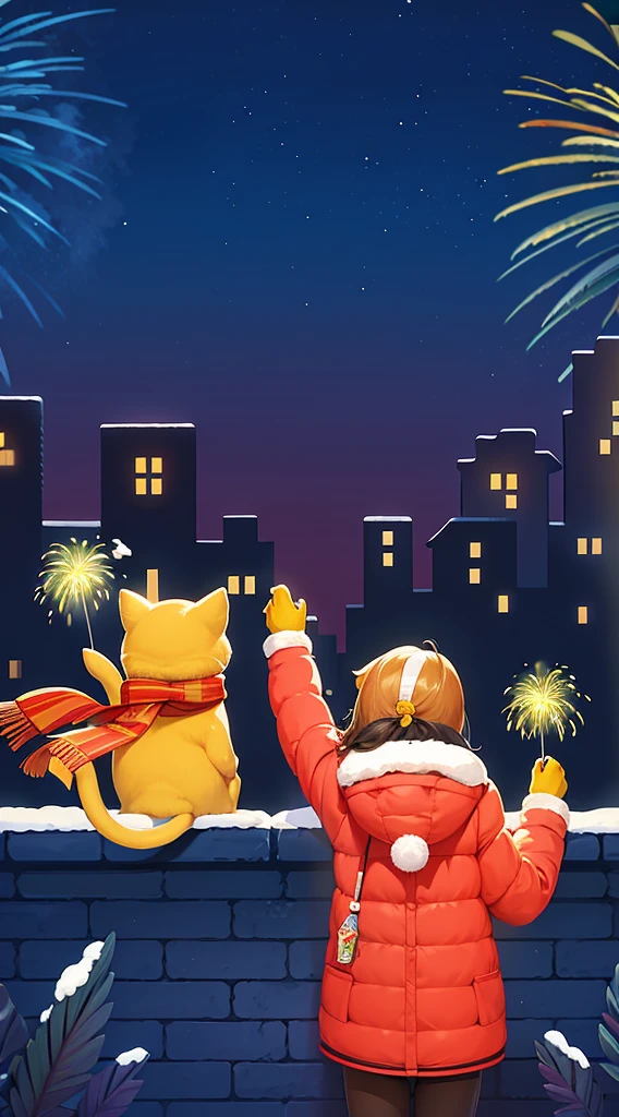 at winter season,1 girl wearing down jacket,standing behind a wall,with his back to the viewer,在夜空中看fire works, The night sky is filled with fireworks, Background image, City night view in the background, fire works在背景中, illustratio, Warm and joyful atmosphere, illustration, New Year’s Day, 下雪的at winter season圣诞夜, 可爱illustratio, background artwork, 风格化数字illustratio, 1 cute cat sitting on the wall,Wear a scarf, fire works
