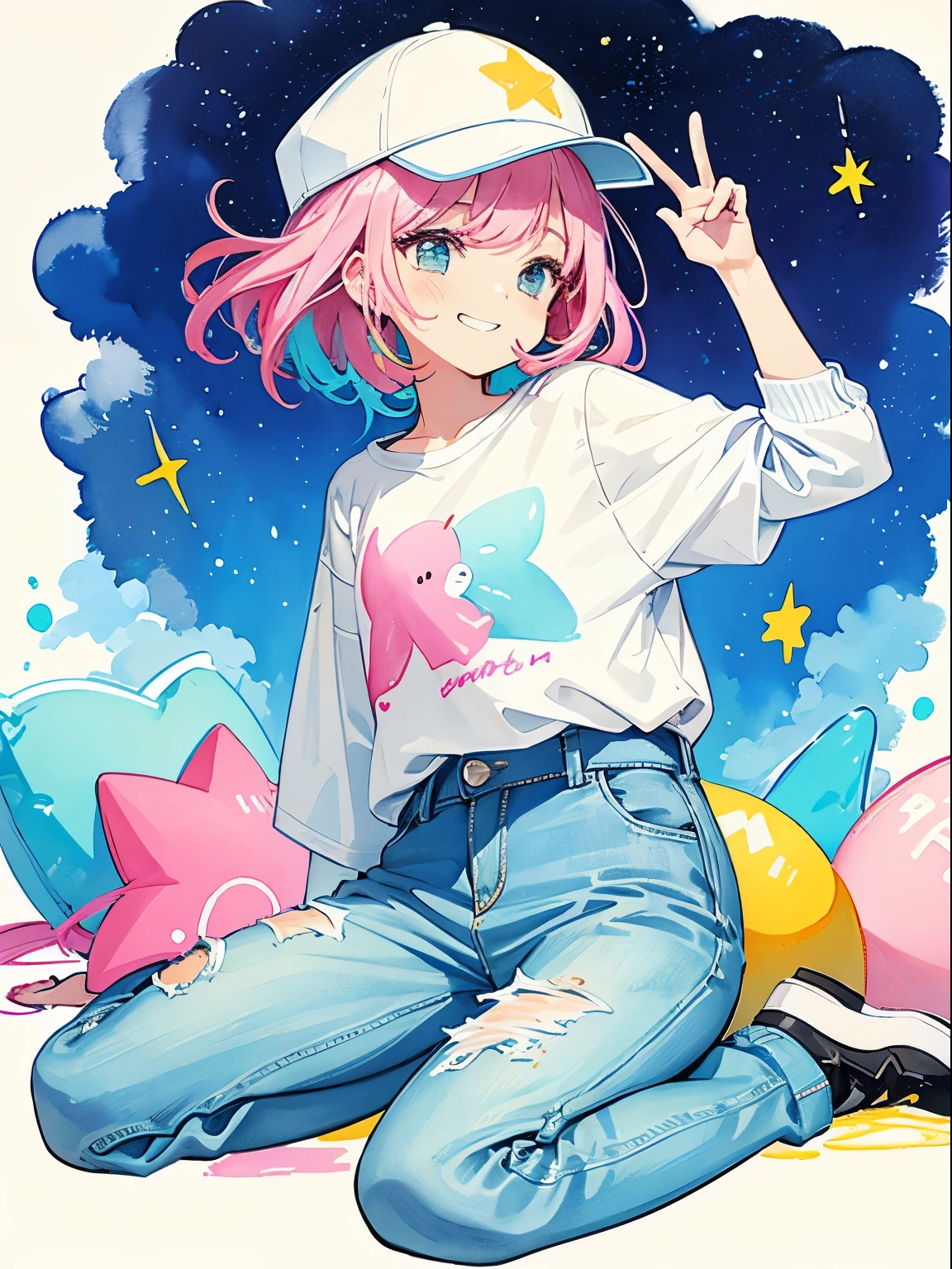 pastel color: 1.5), (Cute illustration: 1.5), (watercolor paiting: 1.2), girl, Full body, Smile, Looking away, pale white, Moya, marble, Colorful, jello,pop music、Very colorful、Colorful、Vivid Color、sports cap、chewing gum、dark yellow star、many stars are scattered、Upper body illustration、dark blue jumper、Denim jeans、Sports Women、bright and cheerful girl、Cool pose、Cool way to sit、hold the brim of a hat、grinning face