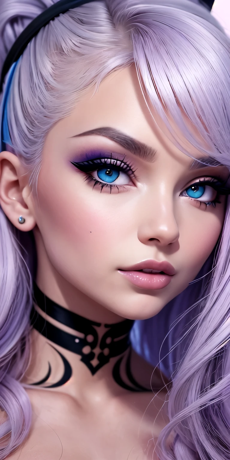 a close up of a woman with a piercing on her face, sexy face with full makeup, portrait of kim petras, hyperrealistic , looks like britney spears, ahegao face, thick fancy makeup, facial piercings, face like ester exposito, ultra realistic face, closeup shot of face, markings on her face, huge downslanted eyes, (masterpice), (detailed), piece of art