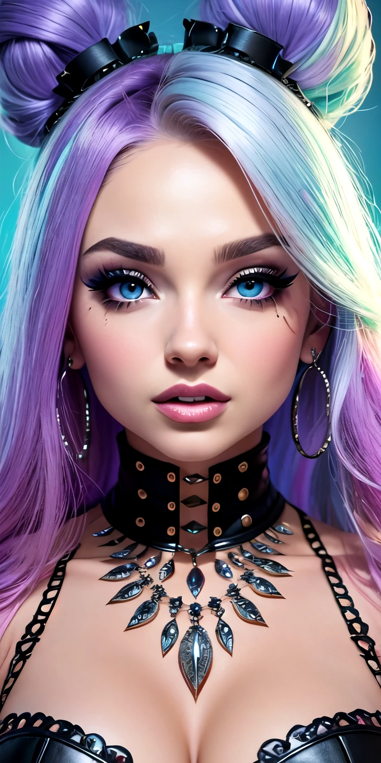 a close up of a woman with a piercing on her face, sexy face with full makeup, portrait of kim petras, hyperrealistic , looks like britney spears, ahegao face, thick fancy makeup, facial piercings, face like ester exposito, ultra realistic face, closeup shot of face, markings on her face, huge downslanted eyes, (masterpice), (detailed), piece of art