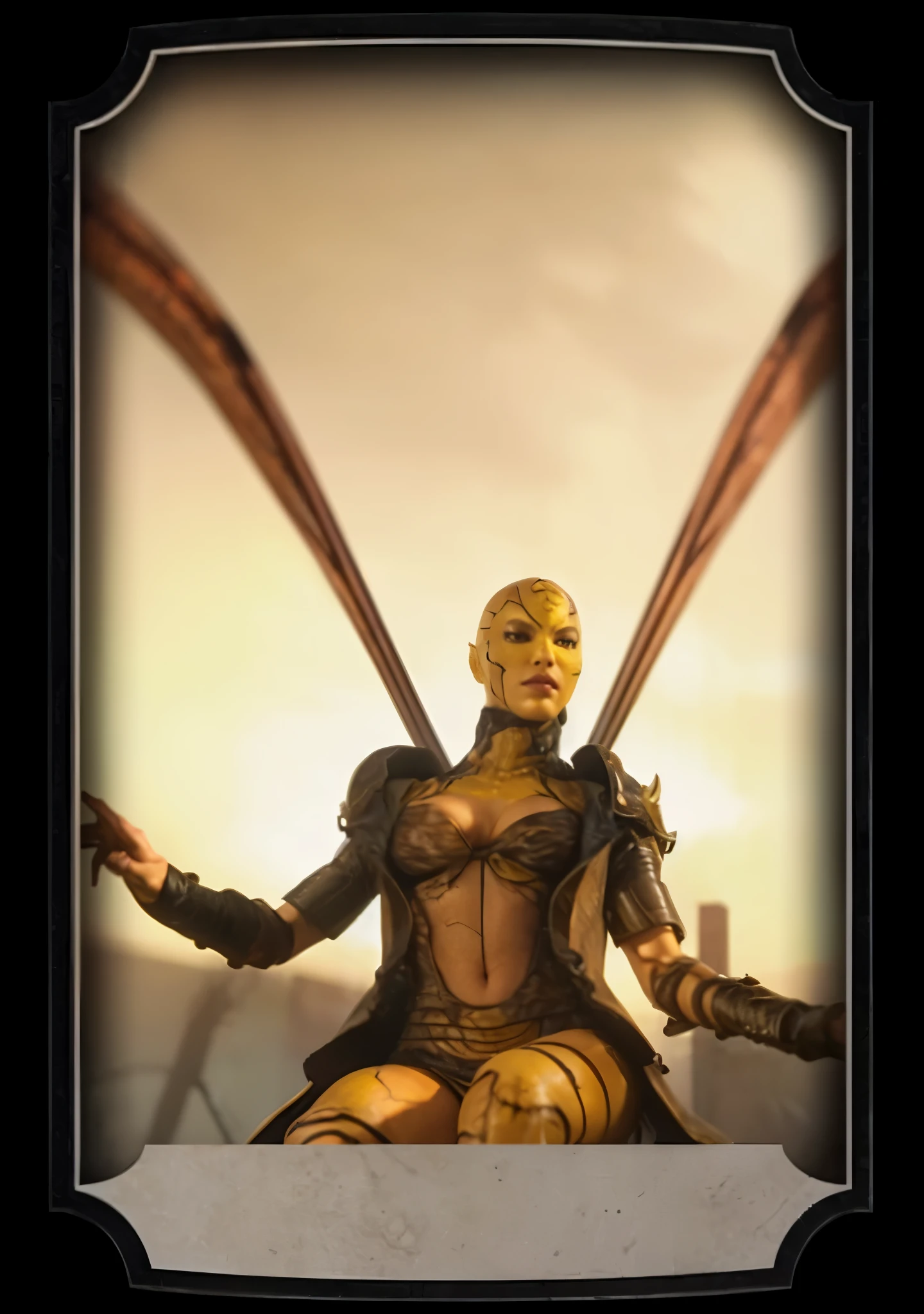 (masterpiece),(best quality:1.0),(ultra highres:1.0), D'Vorah, monster girl, mortal kombat, yellow body skin color,body yellow sexy girl, detailed beautiful, face focus, worn hood , black bra, skinny,claws, wallpaper 8k, makeup,full body