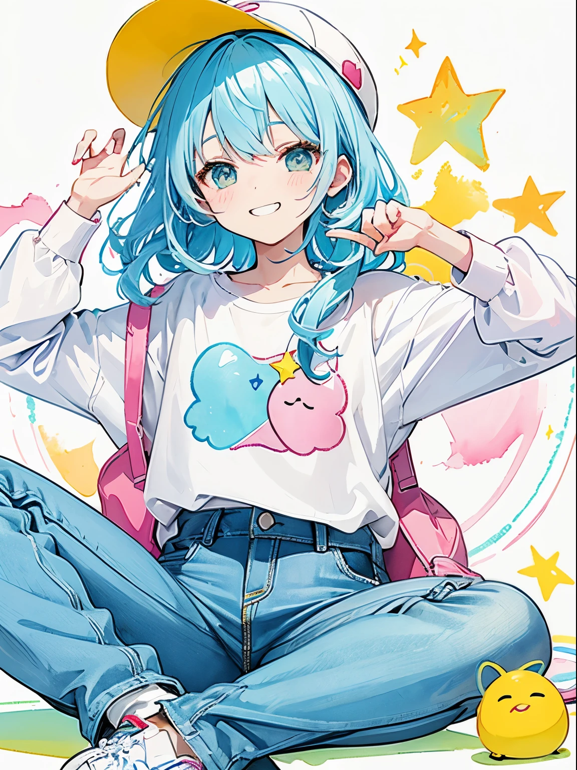 pastel color: 1.5), (Cute illustration: 1.5), (watercolor paiting: 1.2), girl, Full body, Smile, Looking away, pale white, Moya, marble, Colorful, jello,pop music、Very colorful、Colorful、Vivid Color、sports cap、chewing gum、dark yellow star、many stars are scattered、Upper body illustration、dark blue jumper、Denim jeans、Sports Women、bright and cheerful girl、Cool pose、Cool way to sit、hold the brim of a hat、grinning face