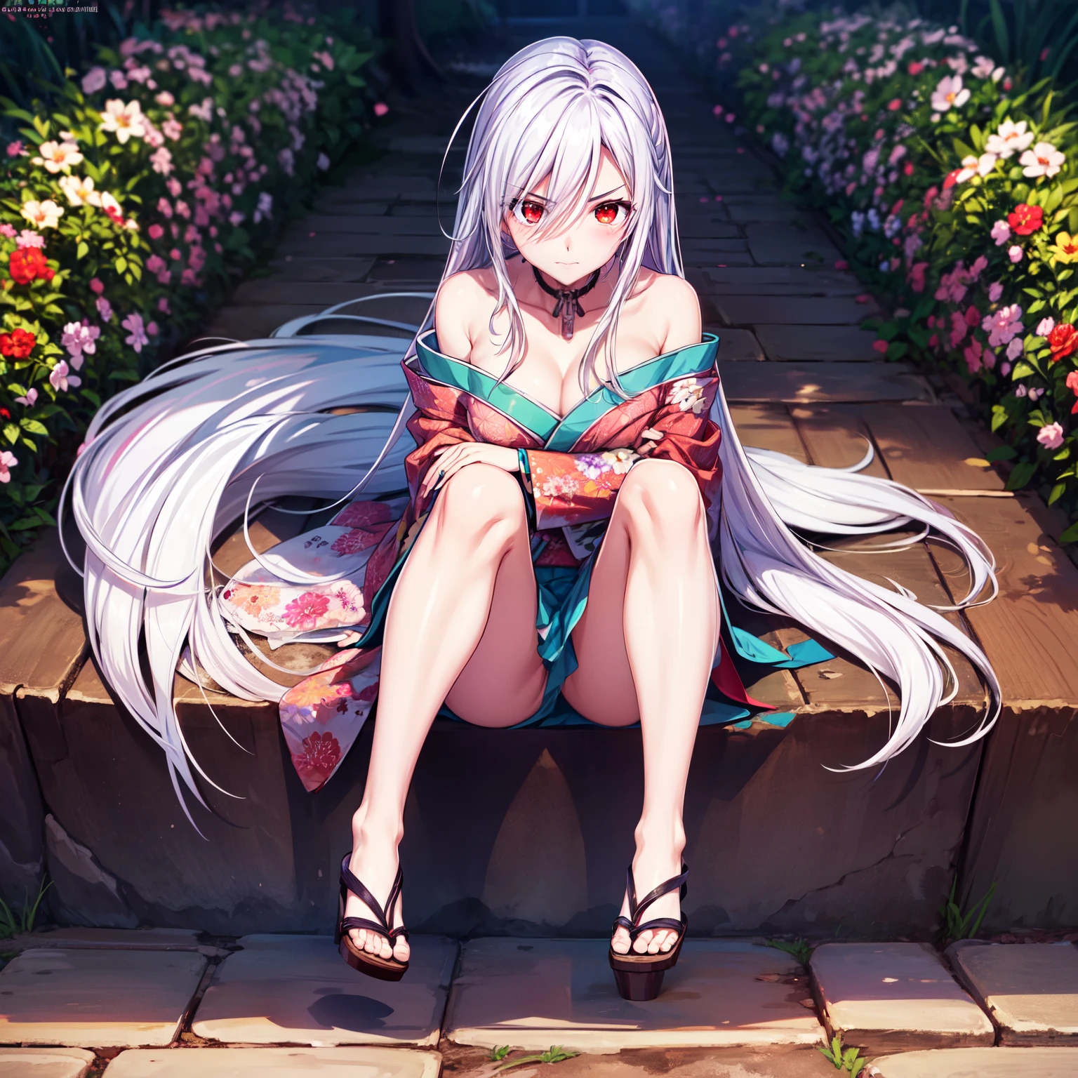1 girl, long silver hair, red eyes with slit pupils, Floral kimono, off shoulders, a miniskirt, red blush, flower field, sexy, perfect body, embarrassed, full body, Make eye contact with the camera,