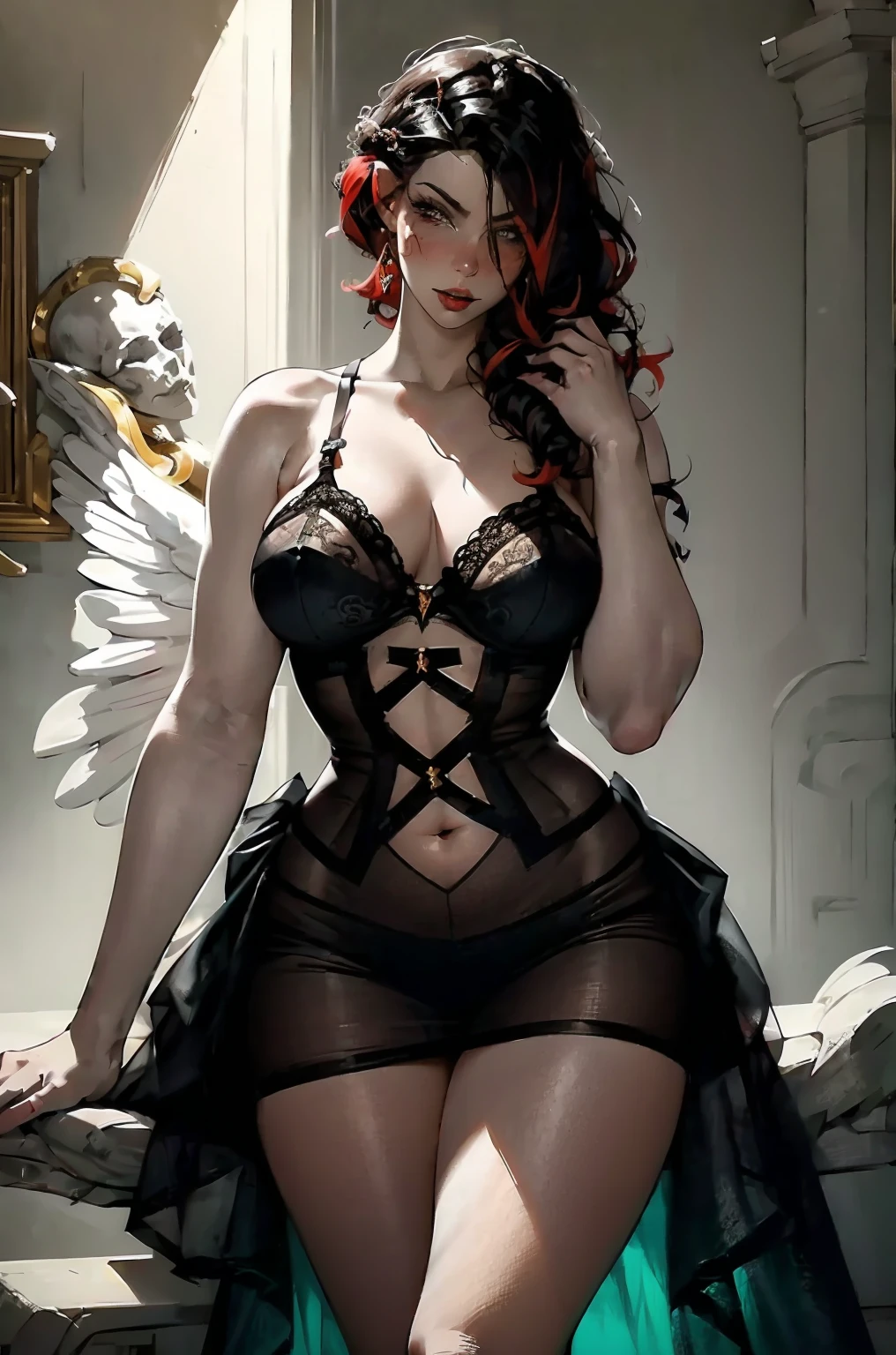 (masterpiece, best_quality, ultra-detailed, immaculate:1.3), epic, illustration, fercosplay:1 curvy-muscular, (illuminated Hi-NRG:1.3) cute angel, full body, lingerie, [:outlandish, skimpy costume design,:0.2], official art, (pale skin:0.6), creepy crimson lighting , in a crystal, classical landscape, black long hair, copper hair, Side Swept Dutch Braid, folded