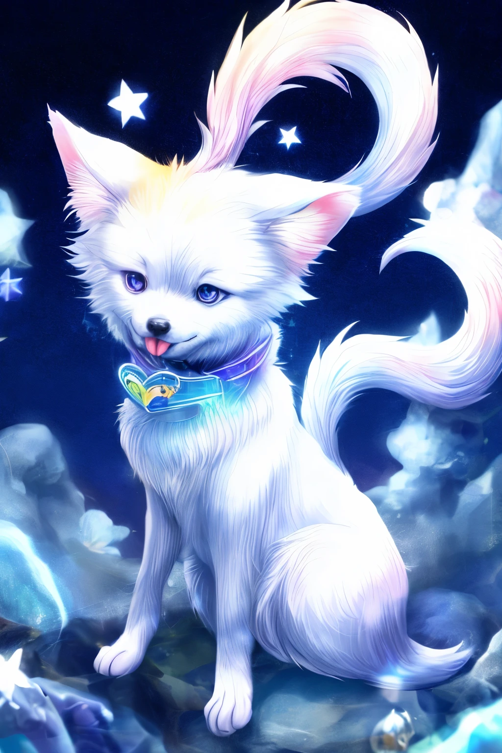 Niji Pride, solo, smile, open mouth, tail, heart, tongue, tongue out, star (symbol), collar, no humans, sparkle, fangs, looking up, dog, animal focus, sparkling eyes, fluffy