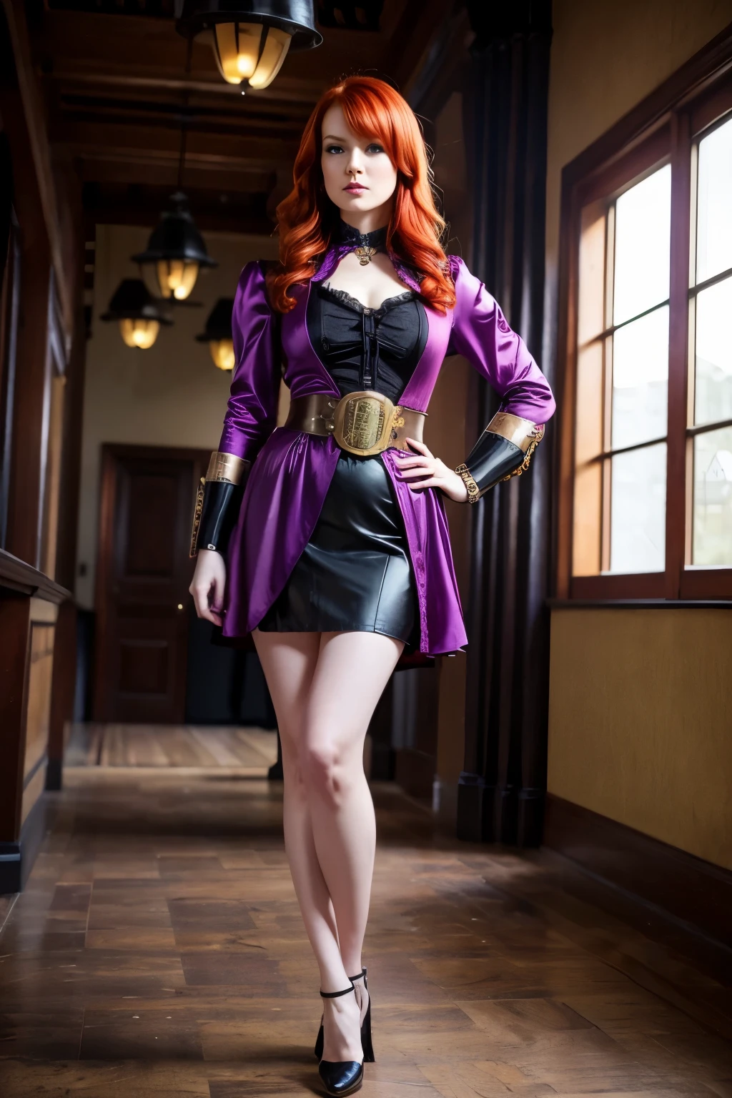 red head lady in full body, looking straight at you, wearing a purple silky blouse, black skirt in steam punk style.