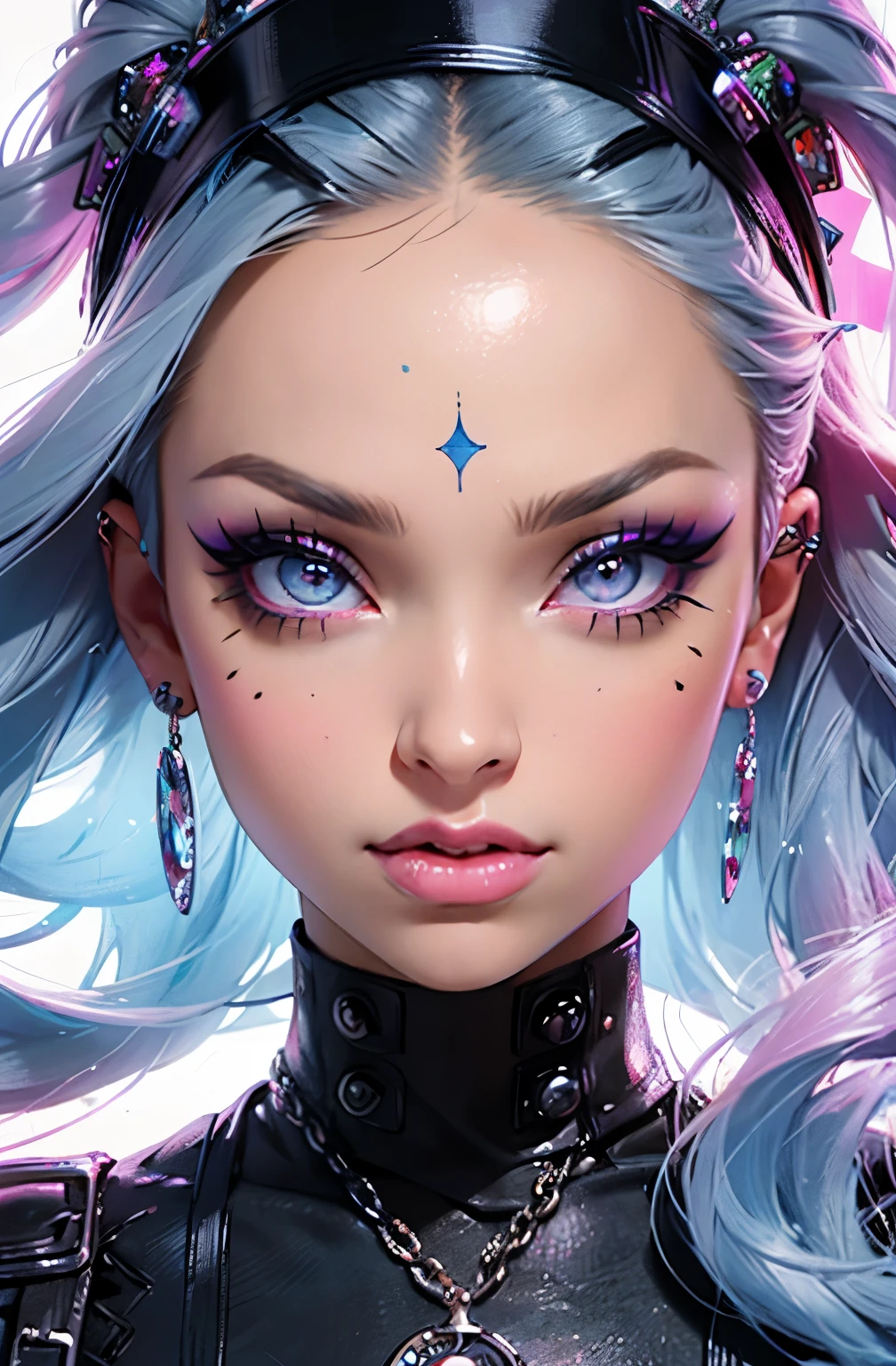 a close up of a woman with a piercing on her face, sexy face with full makeup, portrait of kim petras, hyperrealistic , looks like britney spears, ahegao face, thick fancy makeup, facial piercings, face like ester exposito, ultra realistic face, closeup shot of face, markings on her face, huge downslanted eyes, (masterpice), (detailed), piece of art
