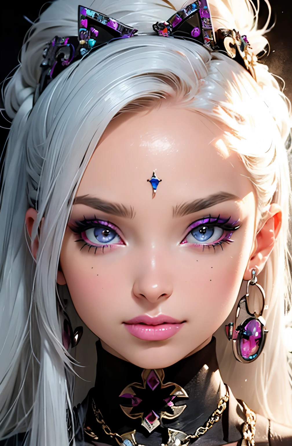 a close up of a woman with a piercing on her face, sexy face with full makeup, portrait of kim petras, hyperrealistic , looks like britney spears, ahegao face, thick fancy makeup, facial piercings, face like ester exposito, ultra realistic face, closeup shot of face, markings on her face, huge downslanted eyes, (masterpice), (detailed), piece of art