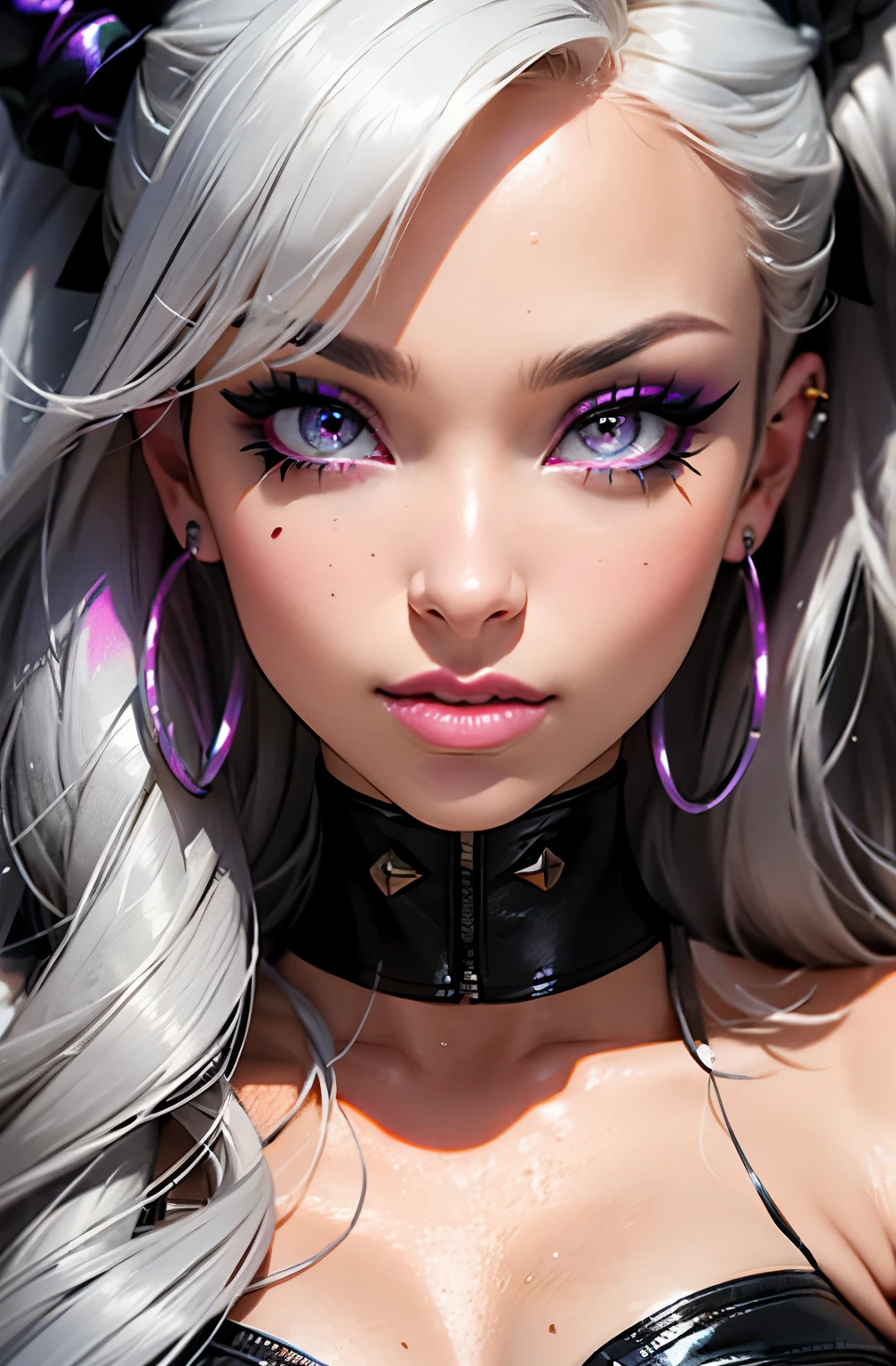 a close up of a woman with a piercing on her face, sexy face with full makeup, portrait of kim petras, hyperrealistic , looks like britney spears, ahegao face, thick fancy makeup, facial piercings, face like ester exposito, ultra realistic face, closeup shot of face, markings on her face, huge downslanted eyes, (masterpice), (detailed), piece of art