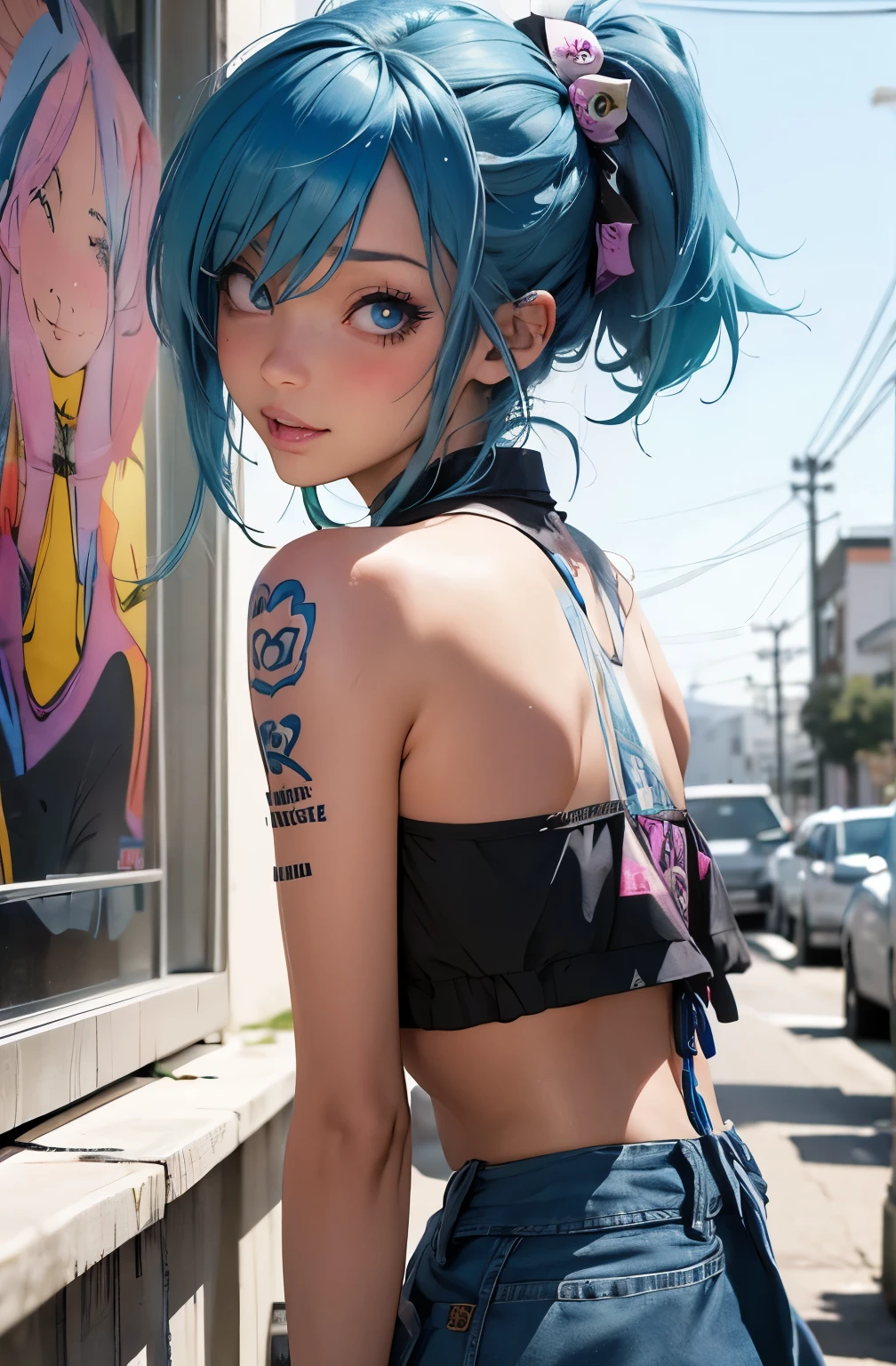 2 anime girls, topless, wearing blue panties, tattoos their chest, tattoos on their arms, standing next to a purple lowrider car, by the lake, 8k, full frame