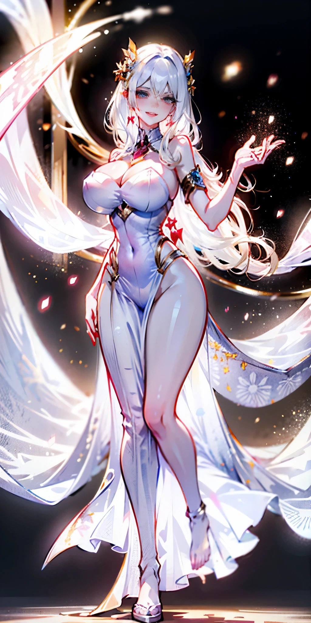 full-body close-up, create an elegant atmosphere), white short skirt, white hair shawl, graceful flowing, elegant movements, lustful smirking smile expression (red blush), floating in the air, (1girl), slim figure)