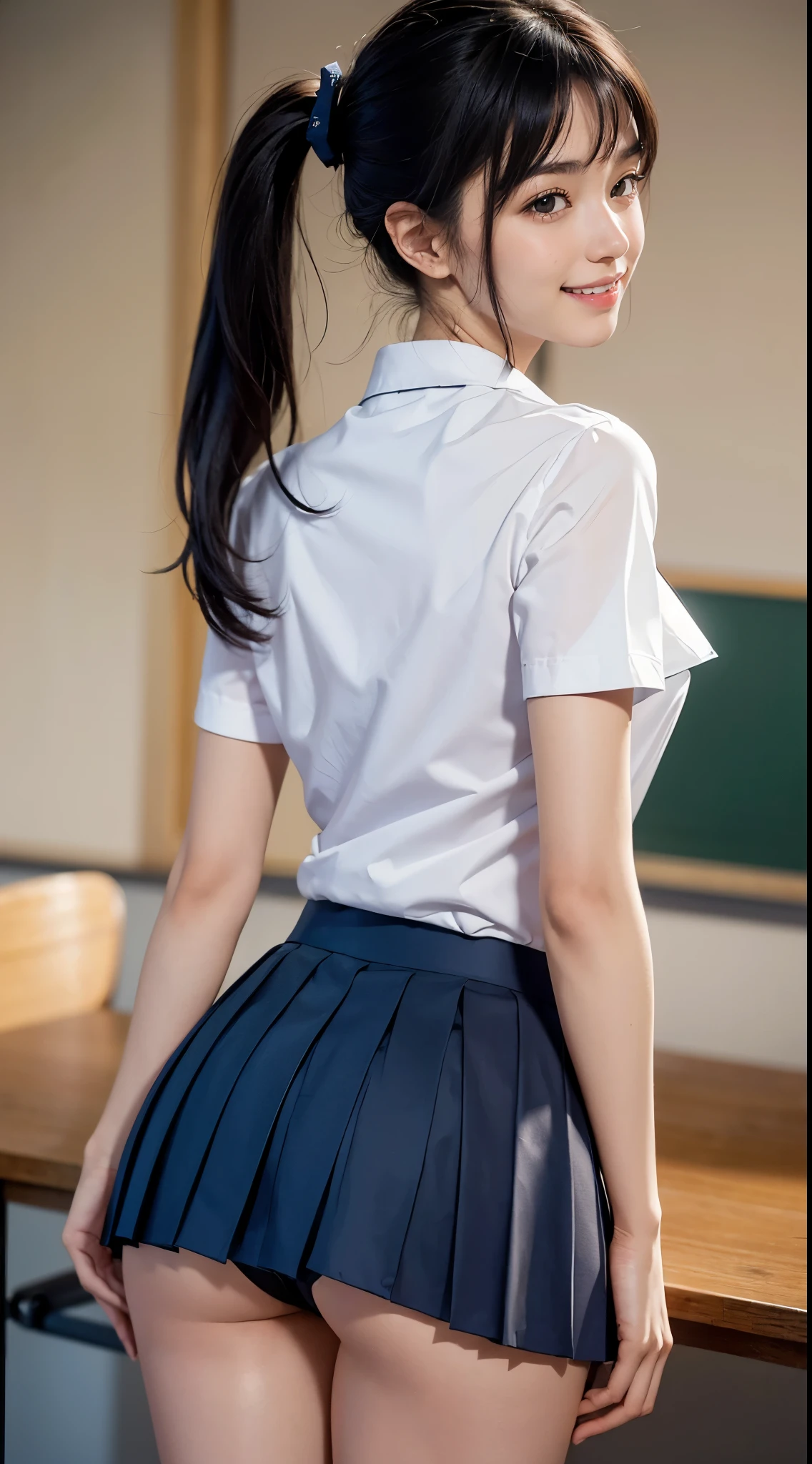 (((Half-taken costume:2.0))), (((shool uniform:2.0))), (((Lifted skirt:1.8, Showing everything about your panties to the camera:1.8))), (((pantie shot:1.8))), (((facing back:1.8, Point your butt at the camera:1.5, Leaning forward:1.8))), (((shool uniform:1.8, Dark blue pleated skirt:1.5, white panties with a small area,:1.5))), (ssmile:1.5), 1girl in, 18year old, 7headed body, Ideal ratio body proportions, erectile nipple, pony tail hair, A dark-haired, With bangs, small tits, A slender, Small buttocks, beauty legs, Skinny Legs, surrealism, Cinematic lighting, depth of fields, One-person viewpoint, F/1.8, 135 mm, nffsw, masutepiece, ccurate, ((Anatomically correct:1.3)), Textured skin, Super Detail, high details, High quality, awardwinning, Best Quality, hight resolution, 8K