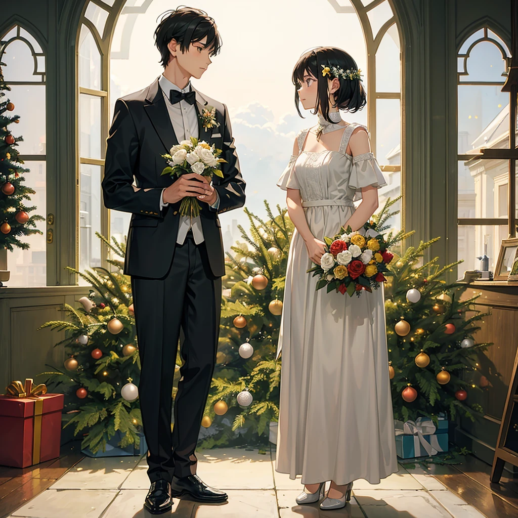 boy standing left while thinking looking up sky straight and girl standing right holding a flower in her hand next to christmas tree, there's a sky in background filled with stars.