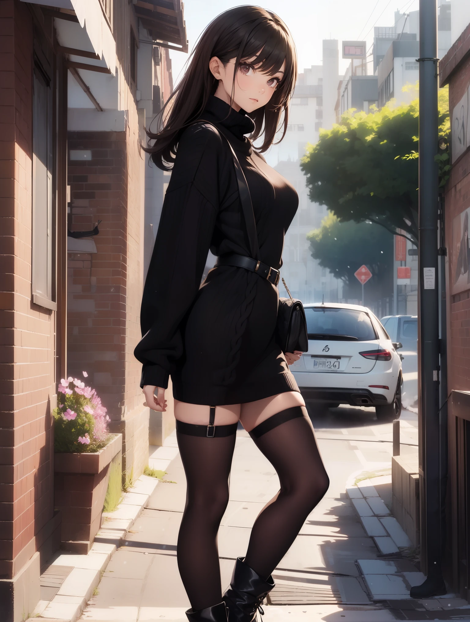 Best Quality, masutepiece, beautiful mature women、Beautiful face、Strong-minded woman、Officelady、(crew neck loose sweater dress、Black tights、Black boots、Winter Outfit:1.5)、(brown haired、Bangs are asymmetrical)、((Brown-eyed))、Longhaire、Undersized eyes、(((cyclamen)))、(morning flower garden)、BREAK(long court、poseing:1.5)