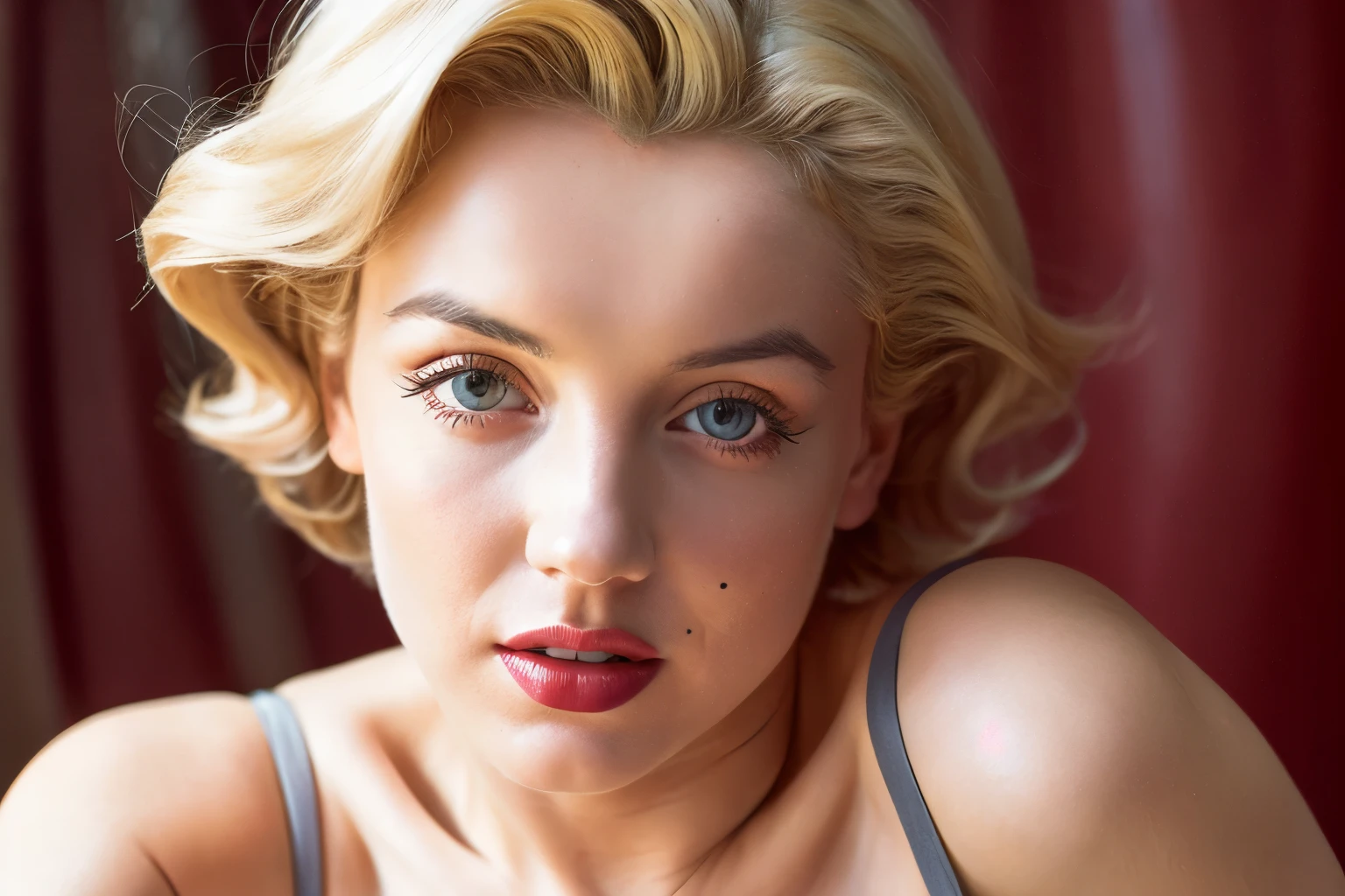 portrait photography, Marilyn Monroe, breasts larger than her head, ultra shiny gold and purple hair, proper eye position, natural skin, backlight, cinematic light, rim light, soft light, in night time, detailed color graded background, intricate, highly detailed, HD, 8k, by Annie Leibovitz