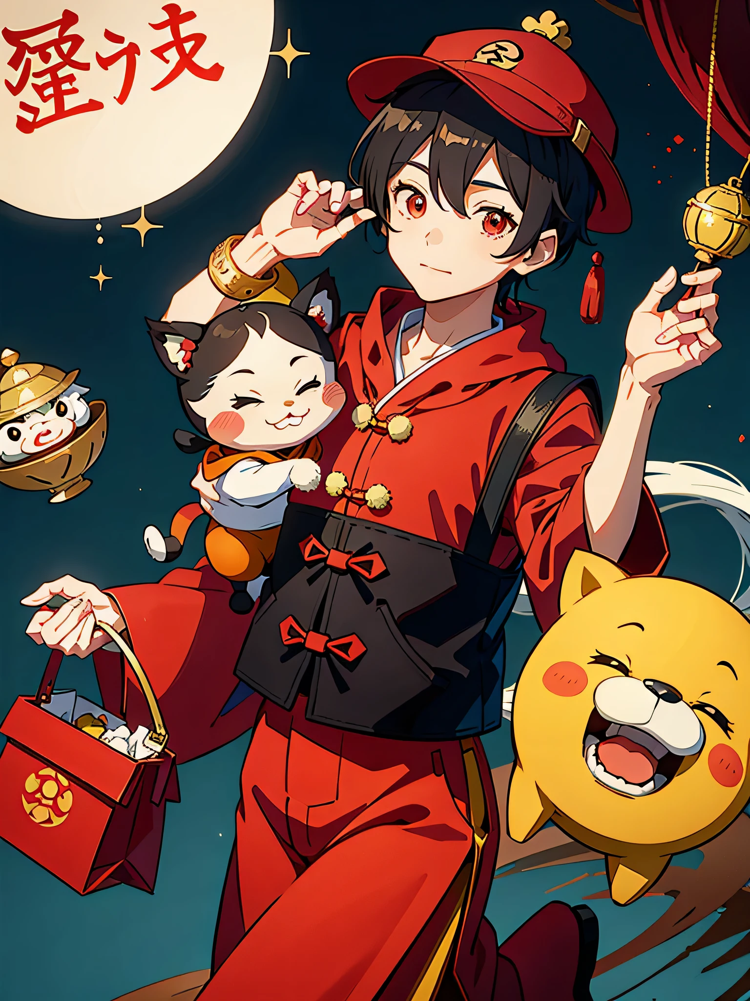 Chinese characters wearing red hat and red robe，With a bag of money in his hand, inspired by fabric, as winnie the pooh, Inspired by Chen Daofu, Inspired by PwC, 千 葉 雄 大, inspired by Dong Yuan, Inspired by Lu Guang, Zhongyuan Universe, xigang