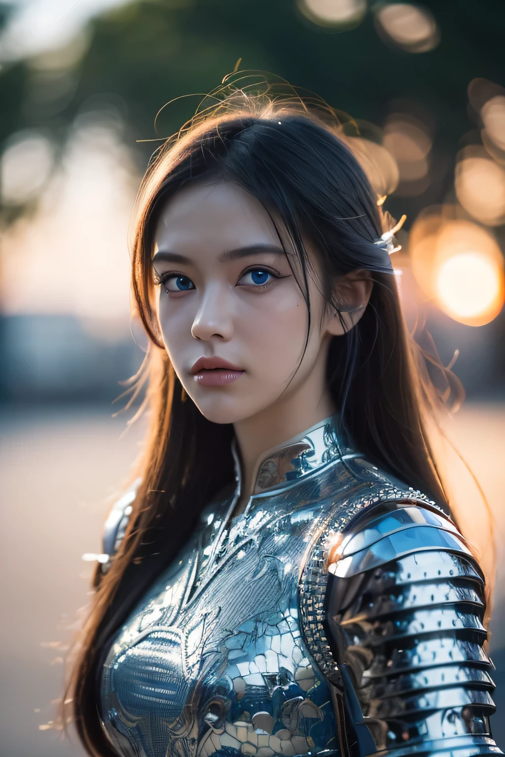 (tmasterpiece), (extremly intricate:1.3), (actual), portrait of one girl, the most beautiful in the world, (Medieval armor), metal reflective, The upper part of the body, Outdoor activities, Strong sunshine, Distant castle, Detailed professional photo of a stunning woman, Focus sharp, dramatics, Award-Awarded, 电影灯光, Unreal Engine Octane Rendering, Volume dtx, (filmgrain, vague background, blurryforeground, bokeh, depth of fields, the sunset, motionblur:1.3), chain armor,(((blue eyes upward)))