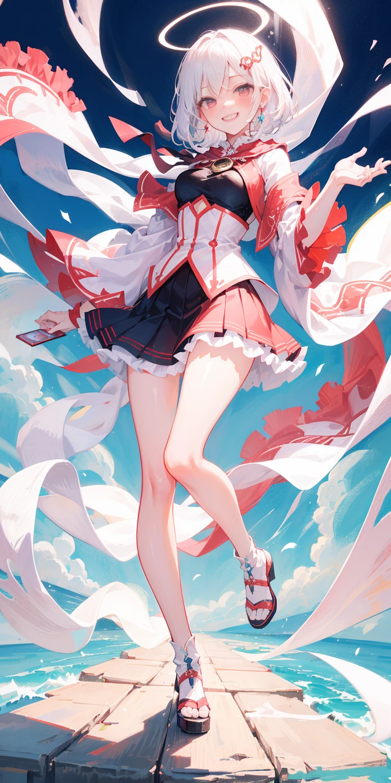 full-body close-up, create an elegant atmosphere), white short skirt, white hair shawl, graceful flowing, elegant movements, lustful smirking smile expression (red blush), floating in the air, (1girl), slim figure)