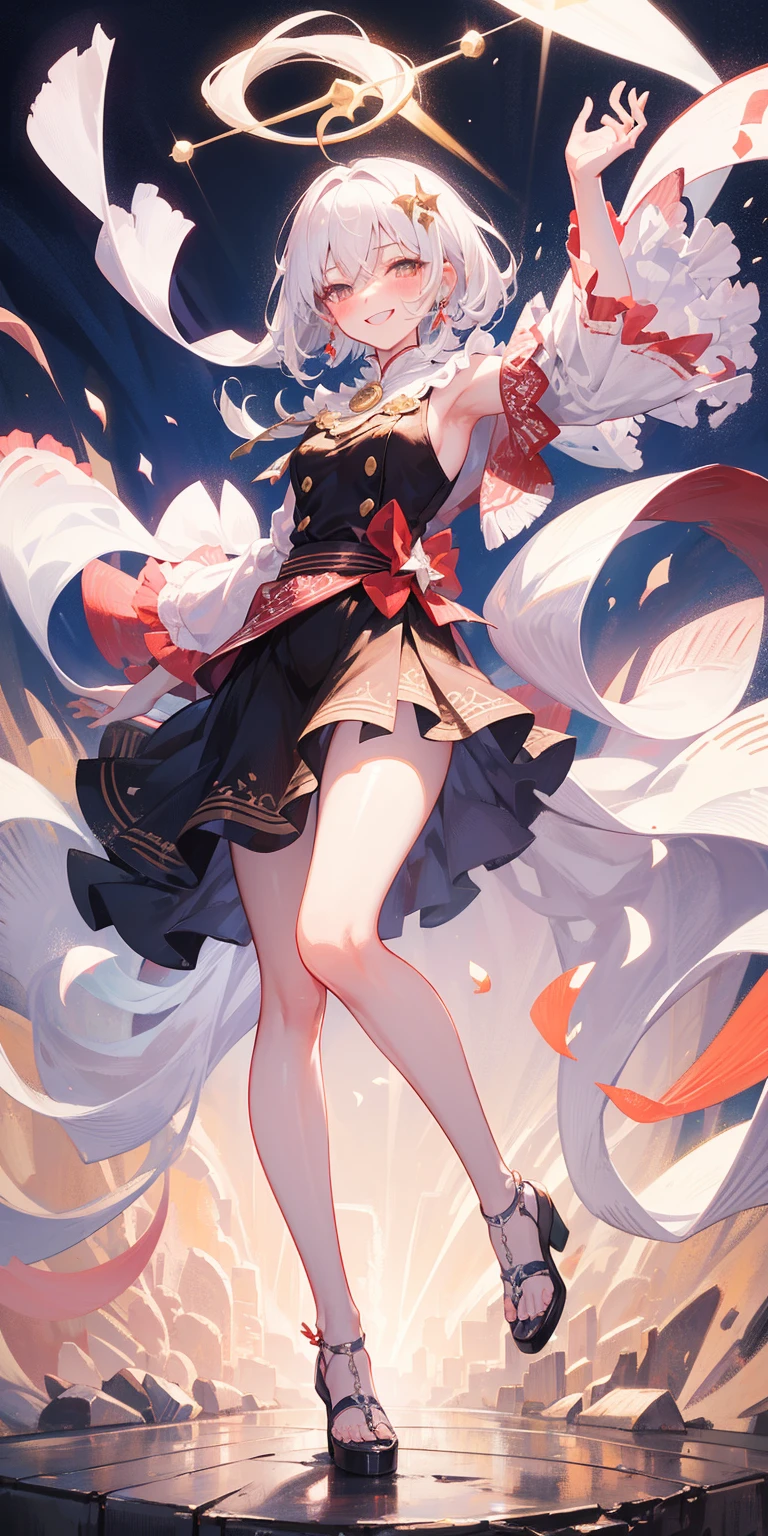 full-body close-up, create an elegant atmosphere), white short skirt, white hair shawl, graceful flowing, elegant movements, lustful smirking smile expression (red blush), floating in the air, (1girl), slim figure)