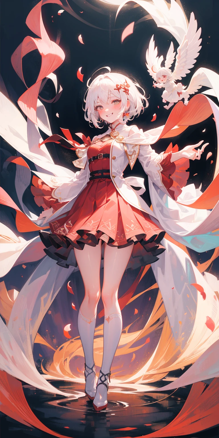 A girl, blonde hair, rabbit ears, white stockings, full body, smile, jumping action, dynamic perspective, transparent background, red clothes, skirt, Chinese elements, several rabbits around, firecrackers, Chinese New Year