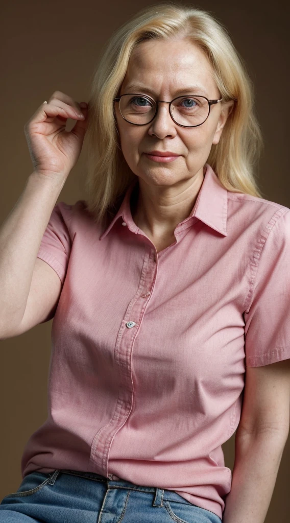 blonde woman with glasses and a pink shirt and khakis is speaking into a microphone, wearing thin large round glasses, grandma, elderly, aged face and skin, round body shape, this person does not exist, jean james-ann long-yoko d'holbachie-pauline baynes-minna sundberg-bonnie maclean merged, entire body visible, full body, hyperrealistic, best quality, 8K, real human skin, masterpiece, extremely intricate, medium closeup, detailed eyes, detailed face, detailed body, exaggerated features, pronounced features