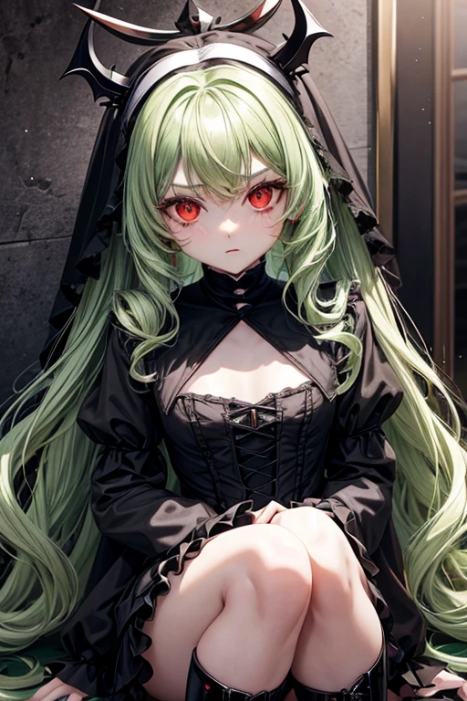 Light green hair. Long wavy hair. petite girl. little black devil horns. Red Eyes.nun.lolita.gotik.Little Black Riding Hood.s whole body.from head to toe.Black Boots