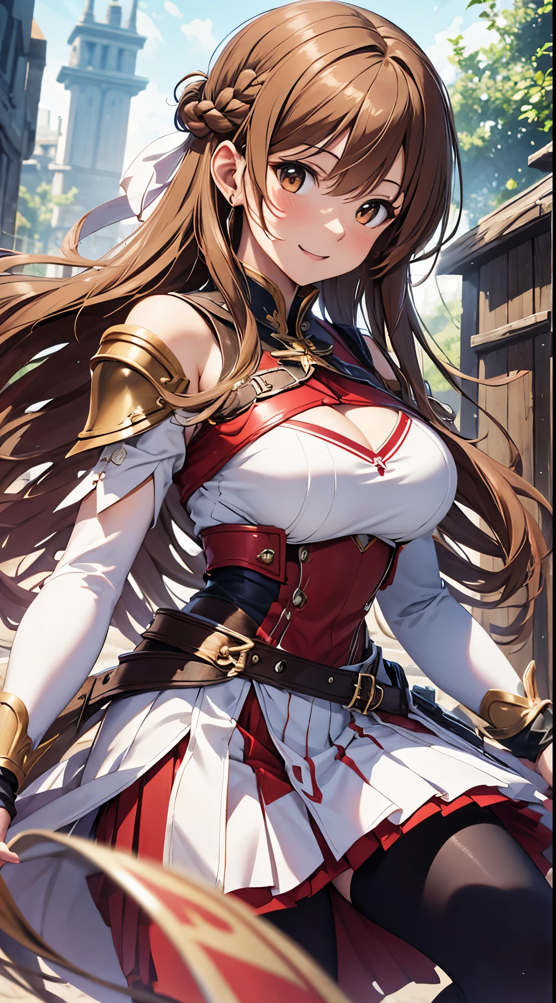 masterpiece, best quality, highres, aaasuna, long hair, brown hair, braid, brown eyes, bare shoulders, armor, breastplate, white sleeves, detached sleeves, red skirt, pleated skirt, white thighhighs, waving, smile, leaning forward, open mouth, town, fantasy