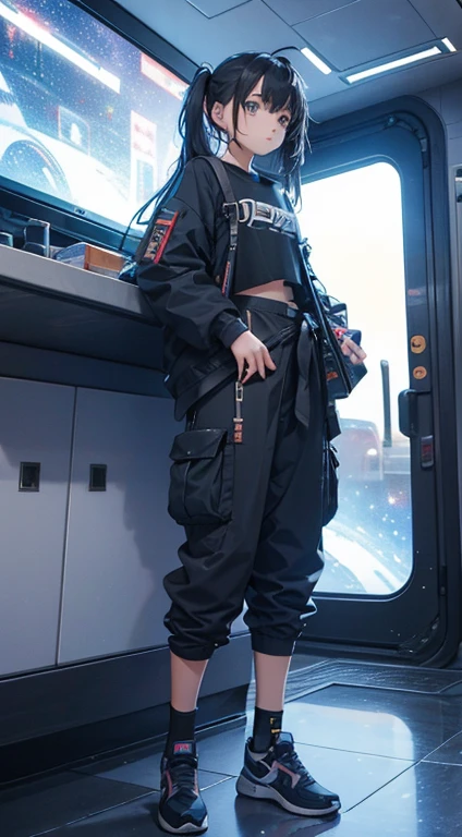 a white teenager girl wearing a baggy black shirt and black cargo pants, space, spaceship, futuristic,