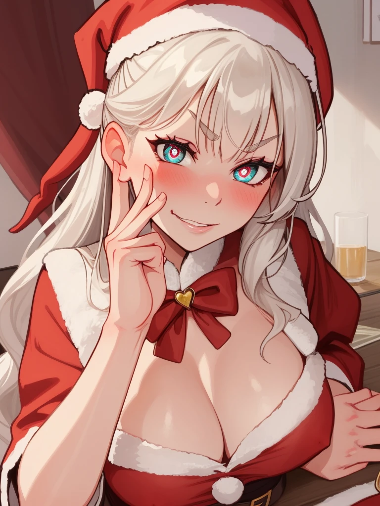 Mrs Claus, long wavy white hair, milf, busty, upper body, white eyebrows, horny, lip bite, biting her lips, fingers near mouth, heart-shaped symbols, heart-shaped pupils,, blushing, smug, horny, arroused,, hand near face, looking at viewer, heart shaped pupils, heart shaped pupils