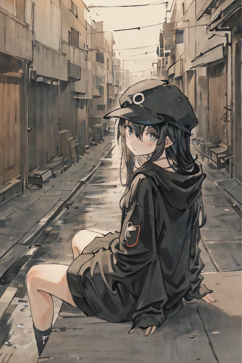 Black hoodie、caps、A girl sitting on an outdoor unit、Back alley、murky、buliding