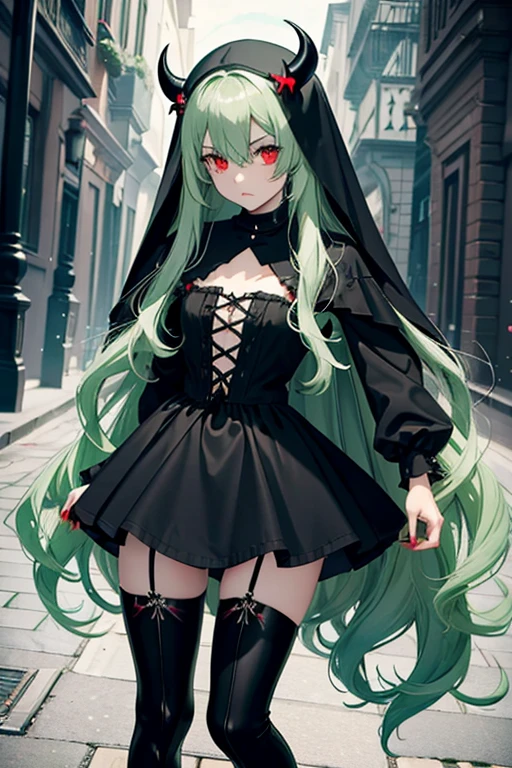 Light green hair. Long wavy hair. petite girl. little black devil horns. Red Eyes.nun.lolita.gotik.Little Black Riding Hood.s whole body.from head to toe.Black Boots.Long skirt