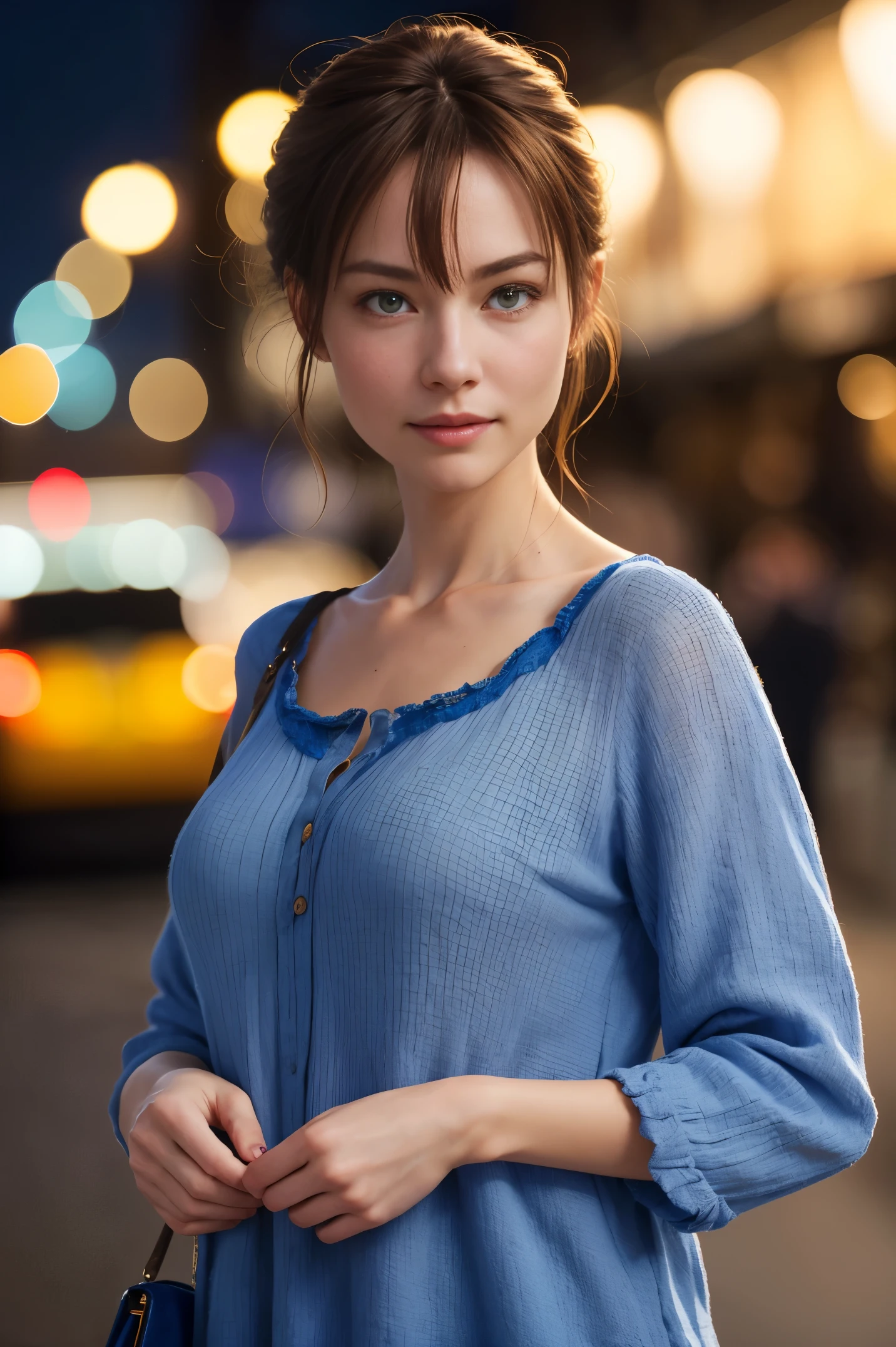 A beautiful introverted European woman wearing frumpy clothing, high detail face, high detail skin, medium  size breasts, 8k, HDR, high resolution, photo-realistic, cinematic lighting, depth of field, bokeh, rim lighting, backlit, cool colours, night