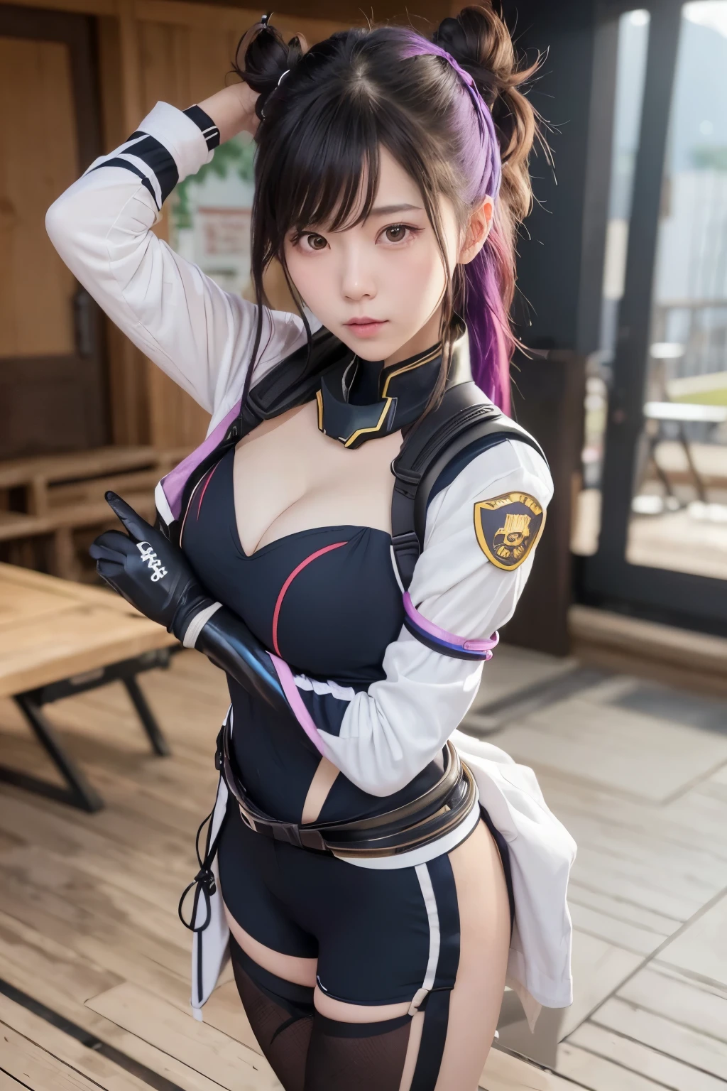 there is a woman in a costume that is posing for a picture, trending at cgstation, korean girl, sakimichan, amouranth, trending on cgstation, sakimichan frank franzzeta, inspired by Leng Mei, (sfw) safe for work, intriguing outfit, makoto shinkai ( apex legends ), as overwatch character, rainbow hair