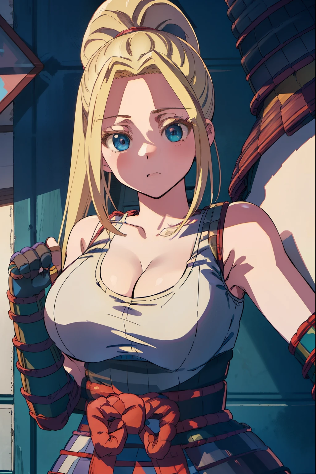 Beatrik Summerhauser, Beatrix Amerhauser, Long hair, Blue eyes, Blonde hair, gloves, Ponytail, (huge titREAK gloves, fingerless gloves, armor, japanese armor, Tank top, white Tank top, cleavage, 鎖骨,
BREAK looking at viewer,
BREAK outdoors,
BREAK (masutepiece:1.2), Best Quality, High resolution, Unity 8k壁纸, (Illustration:0.8), (Beautiful detailed eyes:1.6), extra detailed face, Perfect Lighting, extremely details CG, (Perfect hands, Perfect Anatomy),