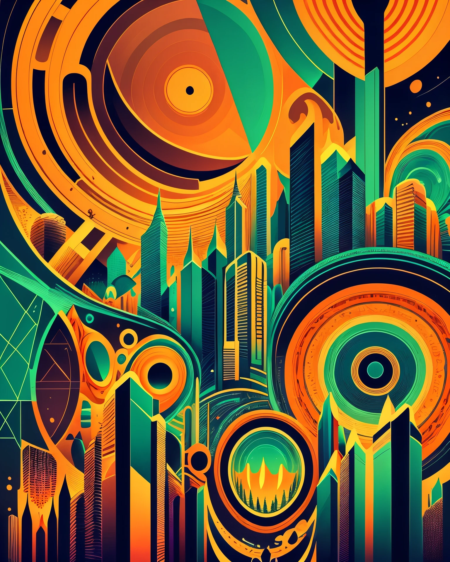 Creative illustration of code world, digital art style by dan mumford, alex janvier, sketch, blue green and orange outlines, metalique texture, high definition, intricat details, bright colors, logo style, negative space --auto --s2