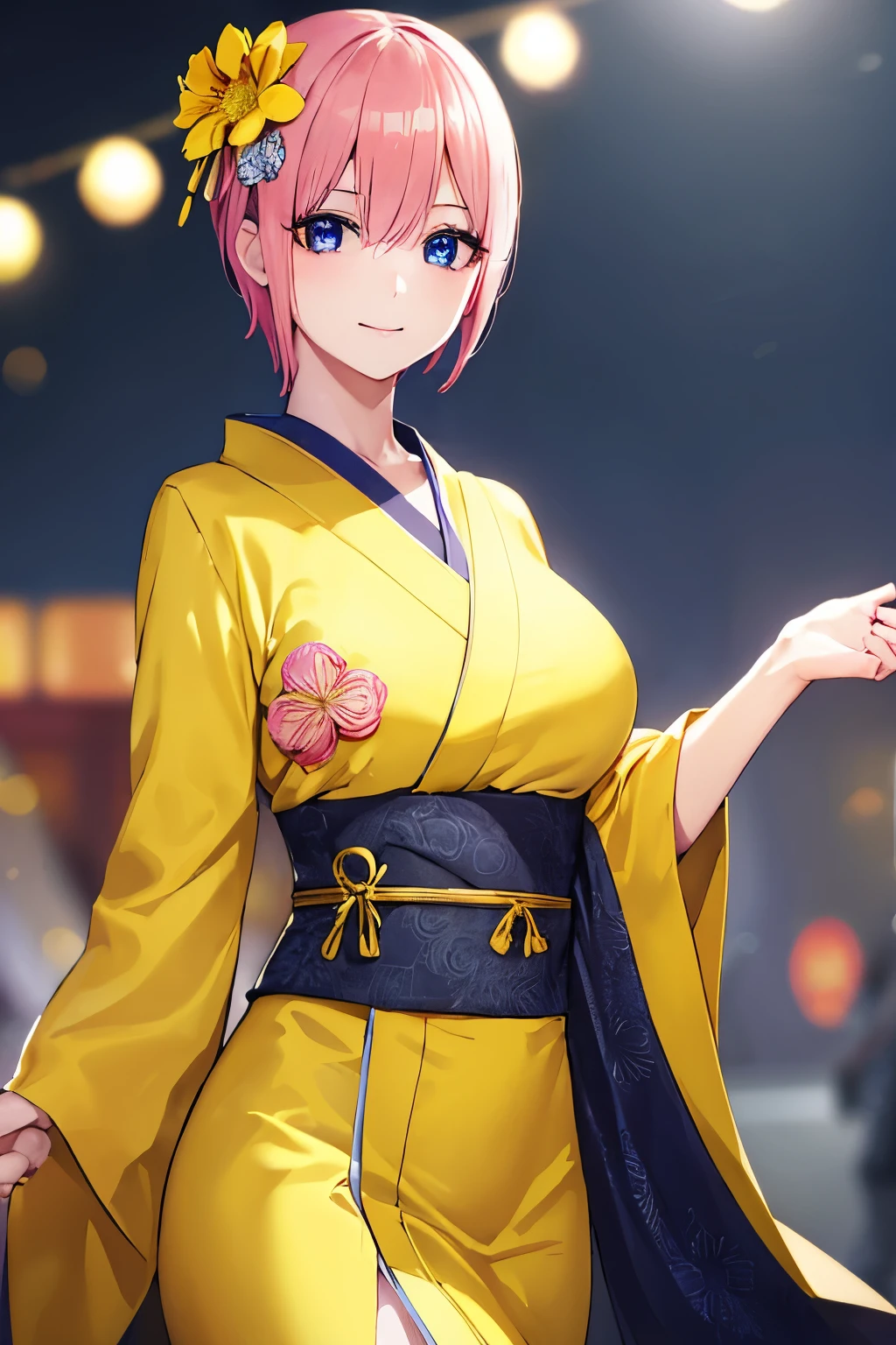ichikanakano, ichika nakano, Short hair, Bangs, Blue eyes, hair between eye, Pink hair, (yellow kimono:1.3), (Black band:1.3), (Floral hair ornament:1.3), (hairpin:1.3), Best Quality, hight resolution, Unity 8k壁纸, (Beautiful detailed eyes:1.4), extra detailed face, Perfect Lighting, (Perfect hands, Perfect Anatomy), Portrait, The best smile, hand on the breasts, Temple background