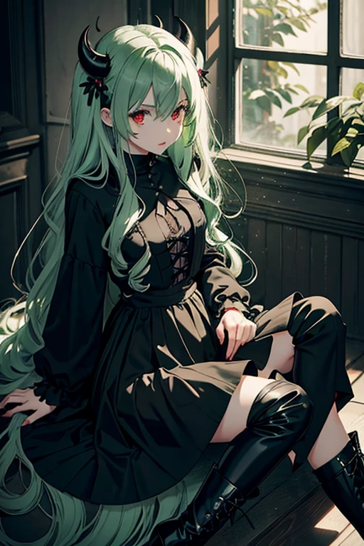 Light green hair. Long wavy hair. petite girl. little black devil horns. Red Eyes.nun.ta.gotik.Little Black Riding Hood.s whole body.from head to toe.Black Boots.Long skirt.without exposure.