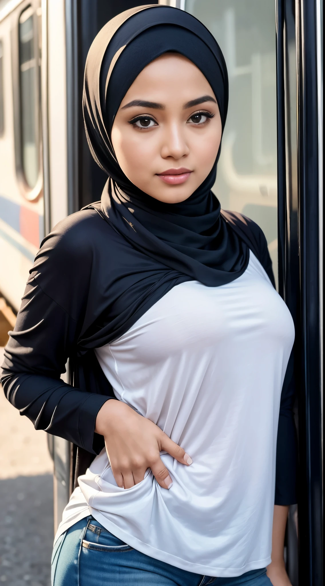 ( Close Up),RAW, Best quality, high resolution, masterpiece: 1.3), beautiful Malay woman in hijab,Masterpiece, perfect fit body, (big breast),big gorgeous eyes, Soft smile,thick thighs, beutifull face,woman in hijab standing in front of a train, white hijab, casual pose, riyahd cassiem, headshot profile picture, wearing casual clothing, inspired by Nazmi Ziya Güran, wearing a blouse, wearing casual clothes, casually dressed, malay, beautiful female, hijab, taken in the early 2020s Excellent lighting, Bright colors, Clean lines