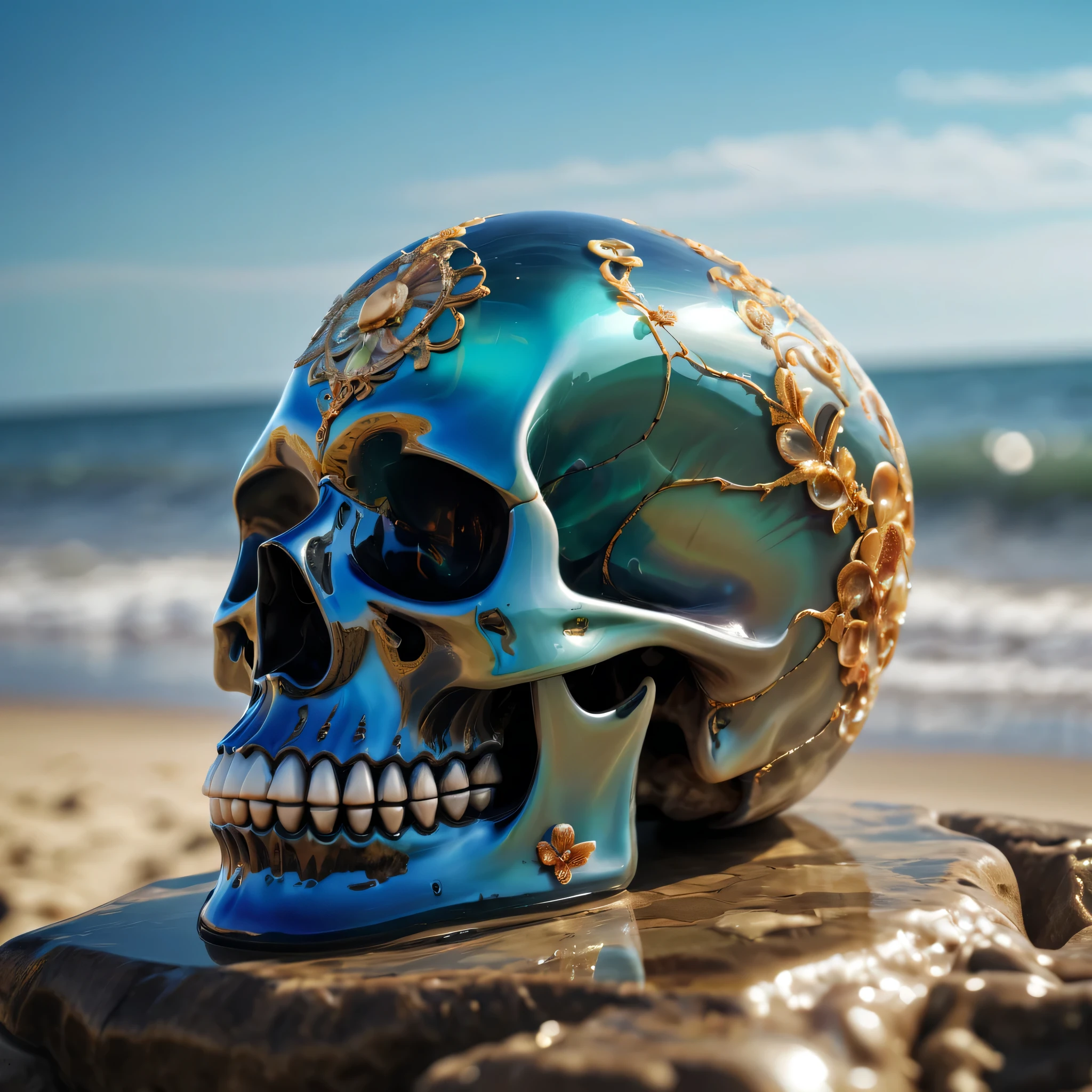 (Best Quality,8K,High resolution,masutepiece:1.2),Ultra-detailed,Eerily realistic glass skull,elaborate corpse,shores,vague,Sunny background,scary theme,horror festival setup