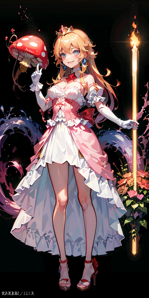 (masterpiece, best quality:1.2), 1girl, solo, (flat color:1.1), (princess peach:1.1), from the mario franchise, pink and gold, long blonde hair, large breasts, pink dress with puffy sleeves, white gloves, pink high heels, blue eyes, gold crown, royal demeanor, standing in the mushroom kingdom, waving with a warm smile, hopeful and kind expression, ( background:0.3), (solid circle eyes:0.7)