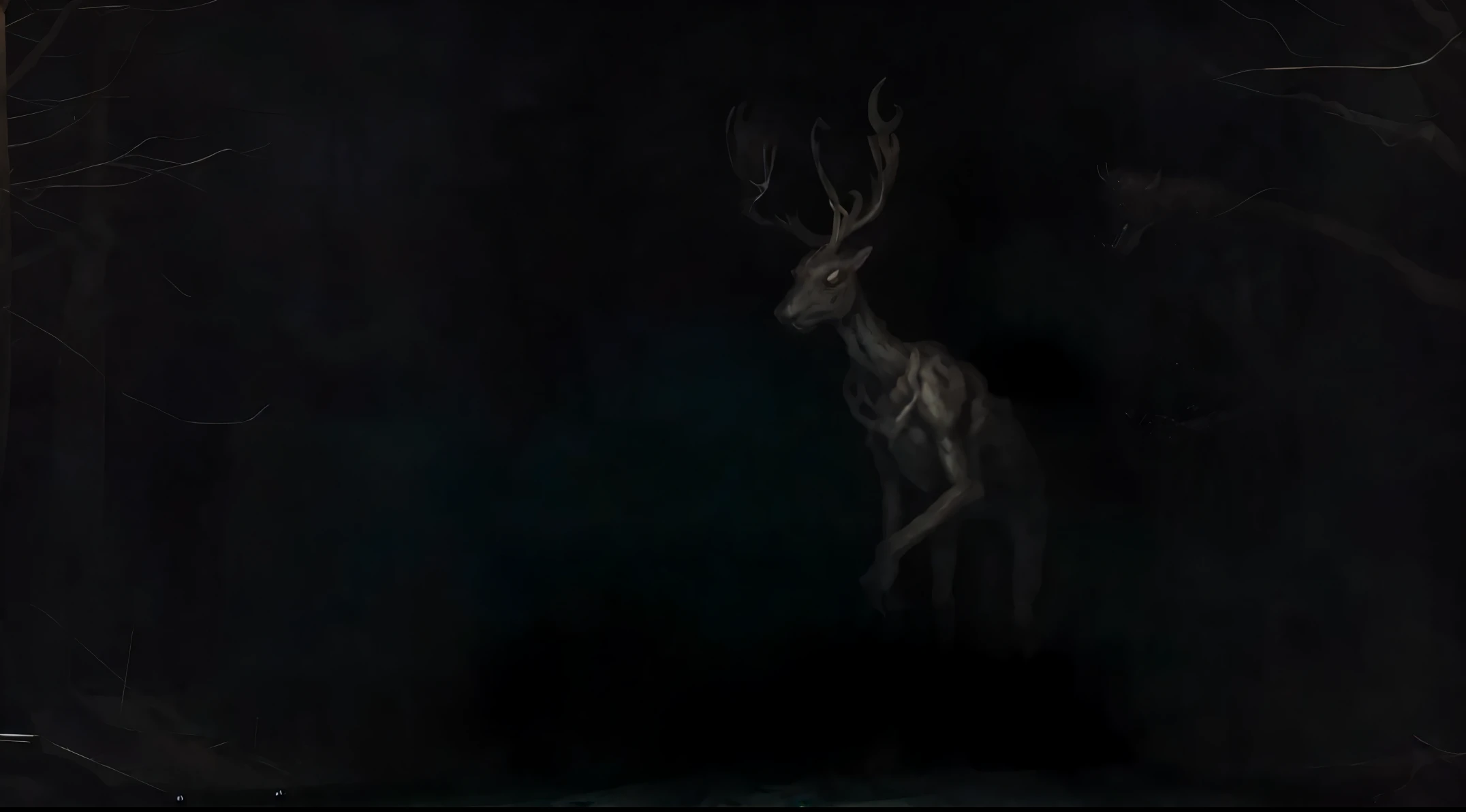 Stage monster, standing in two legs, humanoid, standing in dark forest, night, flash light, deep forest, horror, horrifying scene, 4k High quality, horror creature, stag head,
