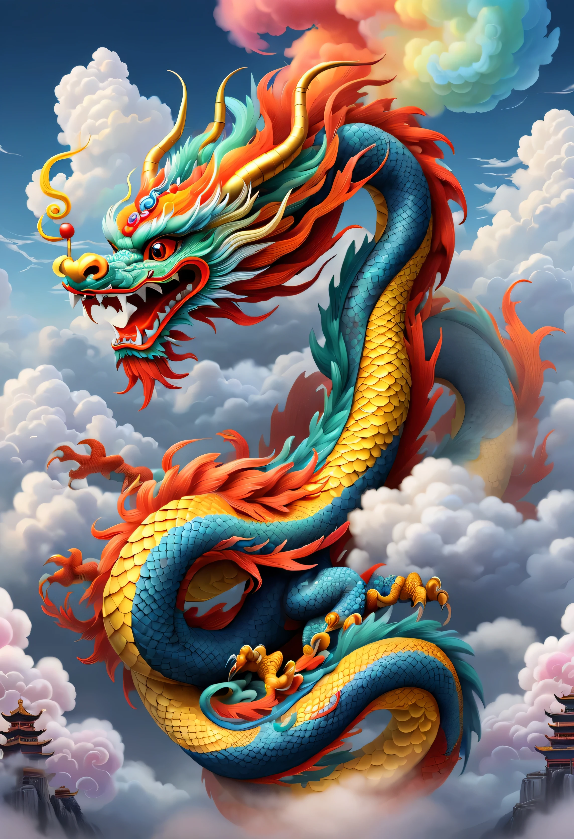 现代女孩和可爱的chinesedragon,Colorful auspicious clouds,chinesedragon尾,chinesedragon,Anatomical correct,Cloud fog