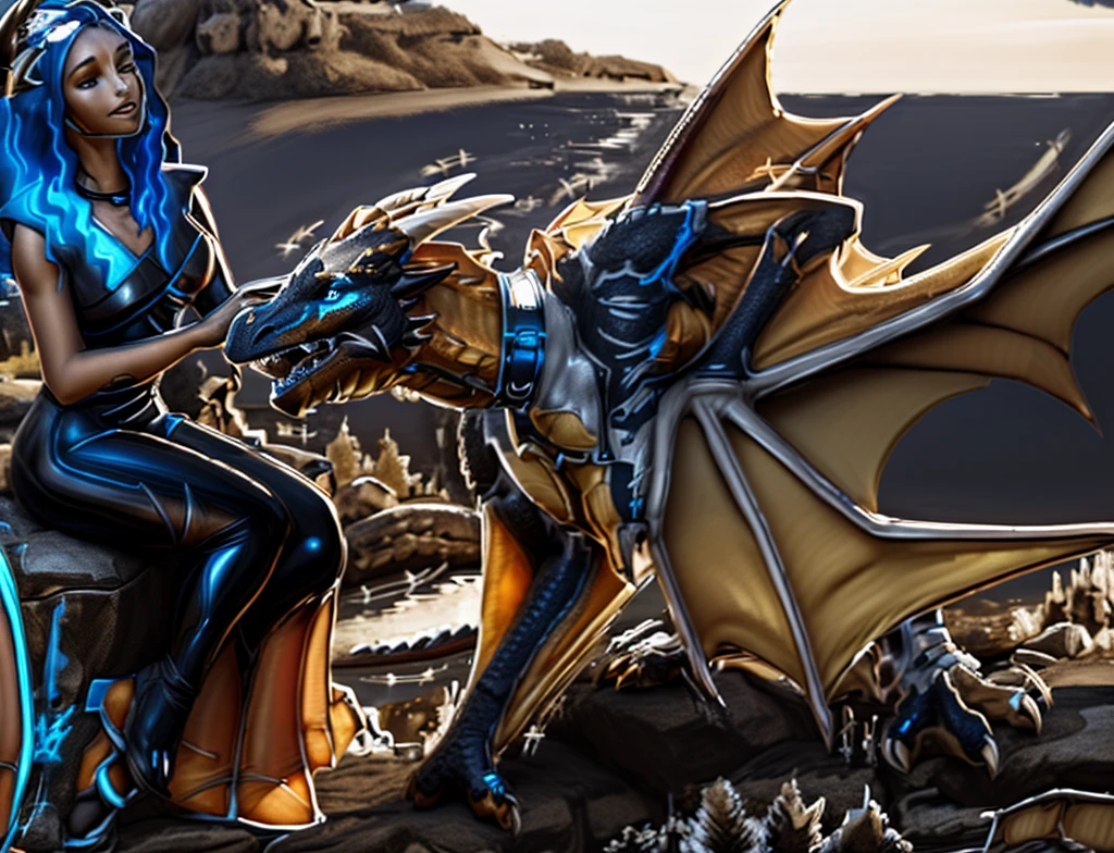 1woman, 1man, ((there is a (white) woman sitting on a rock next to a partial human (onyx cobalt silver latex dragon hybrid))), (epic HD full color photorealistic illustration), petting dragon's head, ((male human latex wyvern dragon metamorphosis)), (((a man with a metal collar on his neck wearing a saddle, bridle, and harness))), detailed fanart, (highly detailed exquisite lifelike portrait of a beautiful sorceress transforming a man into a latex wyvern dragon), fan art, full color digital painting, ((the man's arms morph into dragon wings))