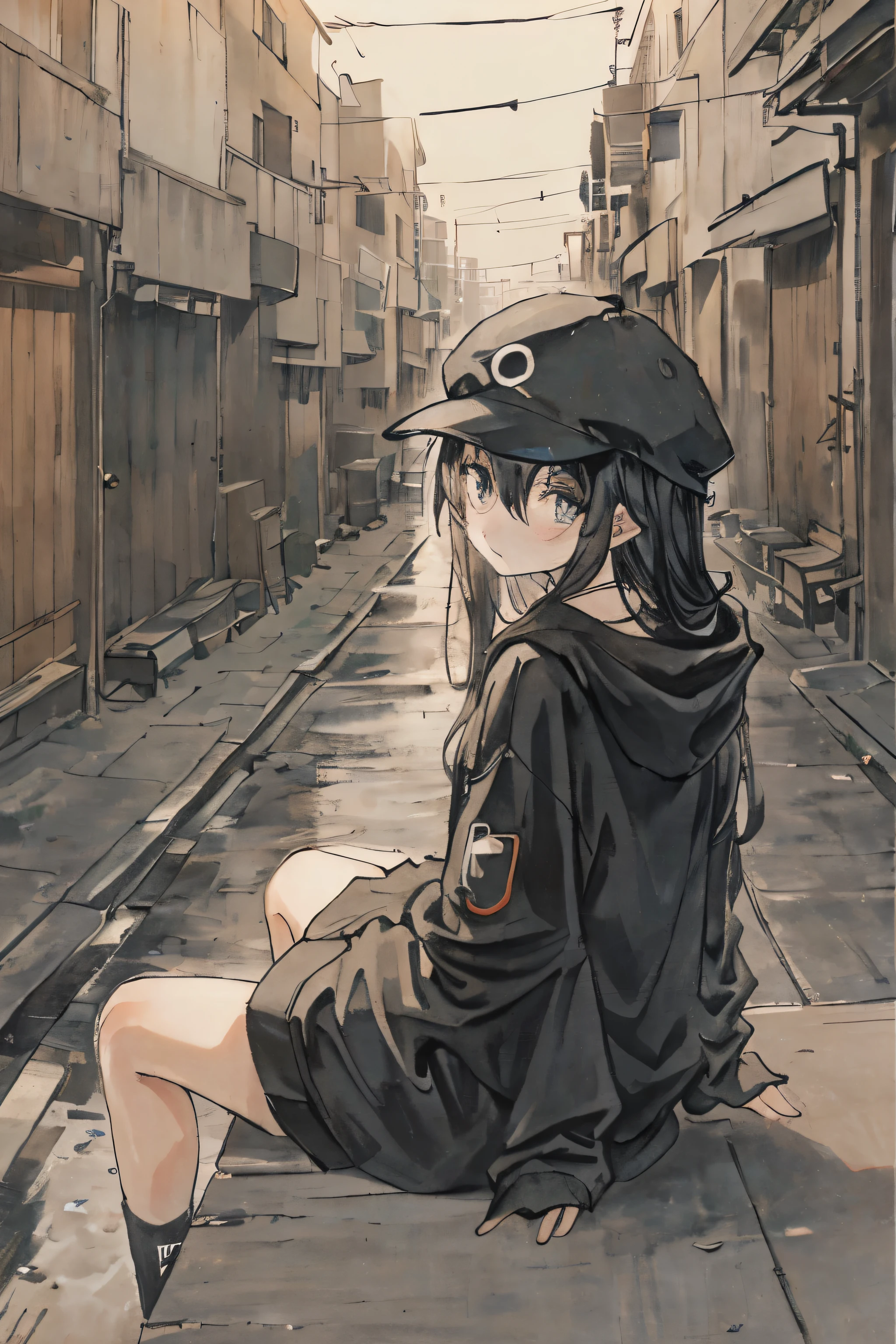 Black hoodie、caps、Girl sitting on outdoor unit、Back alley、murky、buliding