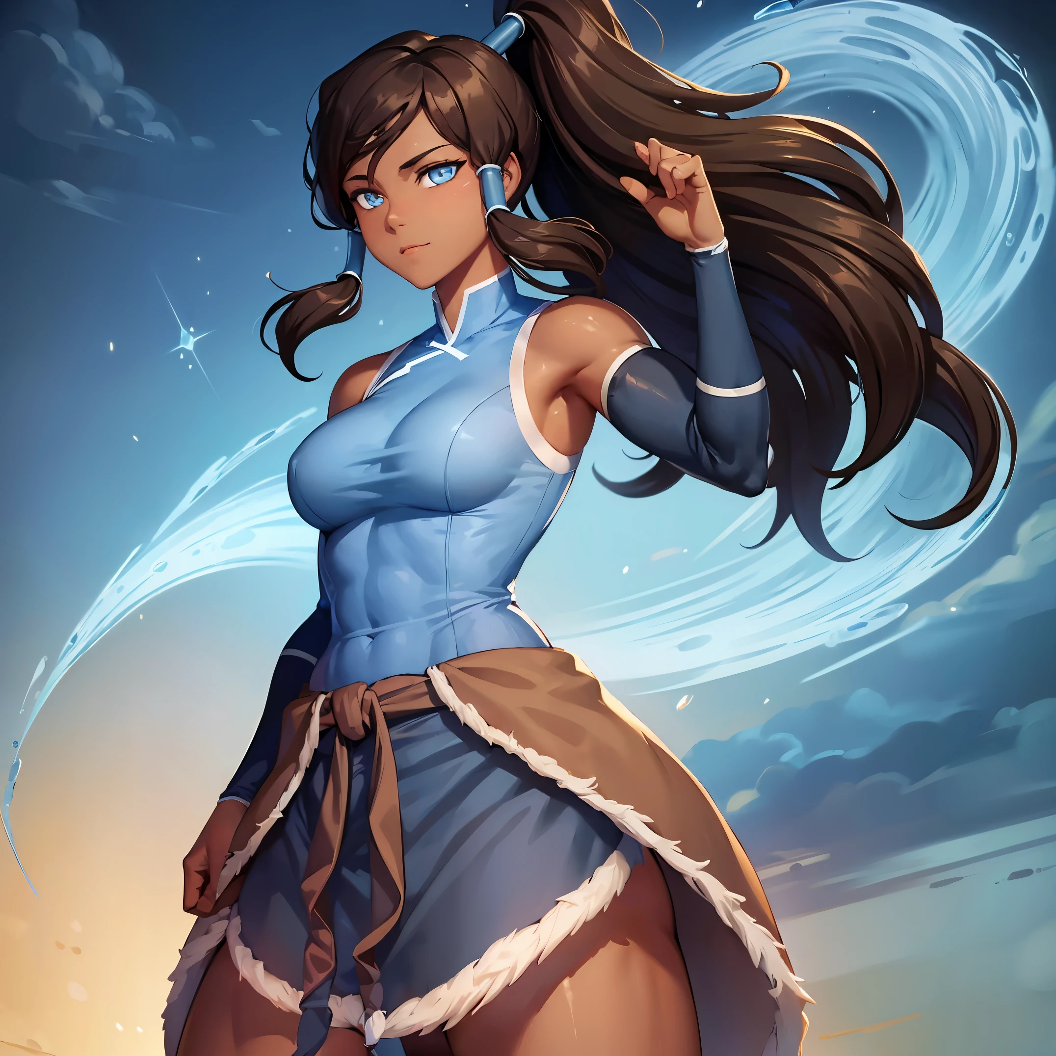 korra, dark skin, dark-skinned female, ponytail, muscular female, nsfw, high quality, detailed, high resolution,