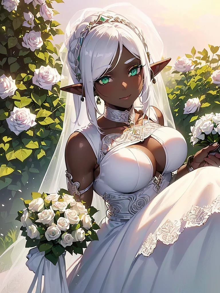 (((I want an elf woman with dark skin, white hair and lightly detailed green eyes, with full breasts and a beautiful body, wearing a detailed white wedding dress, And on her face a shy expression but with a gentle smile while holding a bouquet of roses)))