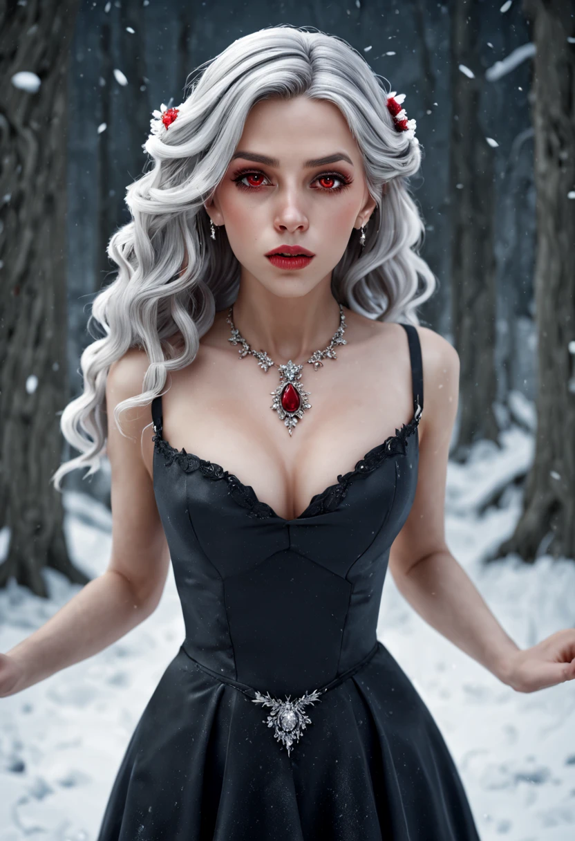 {{masterpiece}},best quality,highly detailed,extremely detailed CG unity 8k wallpaper,illustraction, 1girl, red eyes, wavy silver hair, pointy ears, vampire, dress, necklace, hair flower, snow, ice, full body, shot,high close up, highly detailed,center frame,sharp focus, looking at viewer, floting hair,