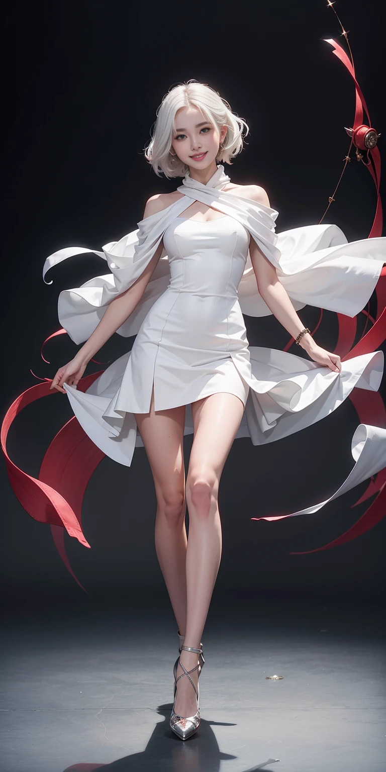 full-body close-up, create an elegant atmosphere), white short skirt, white hair shawl, graceful flowing, elegant movements, lustful smirking smile expression (red blush), floating in the air, (1girl), slim figure)